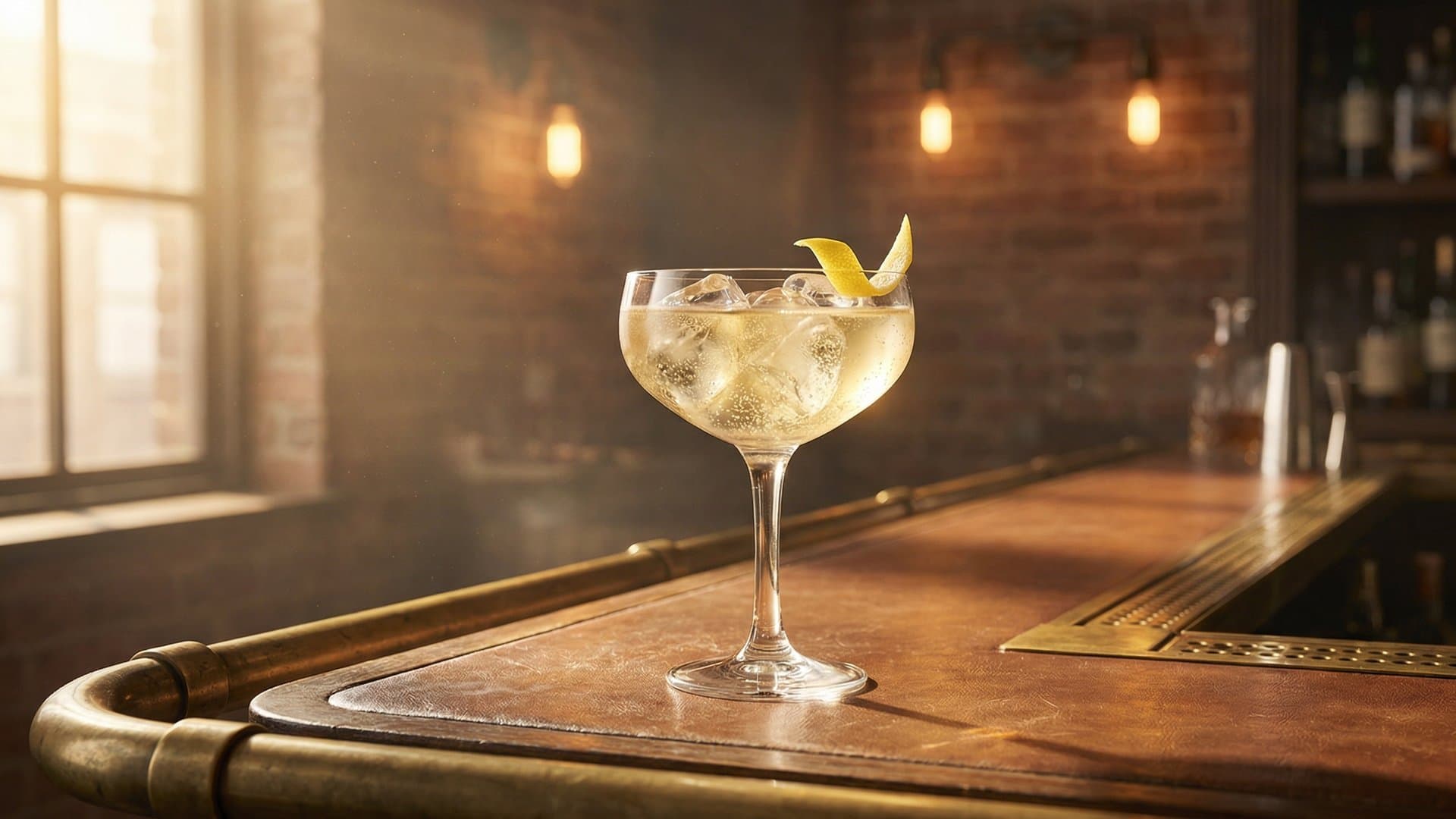 Golden Toast cocktail in a flute or coupe garnished with lemon twist