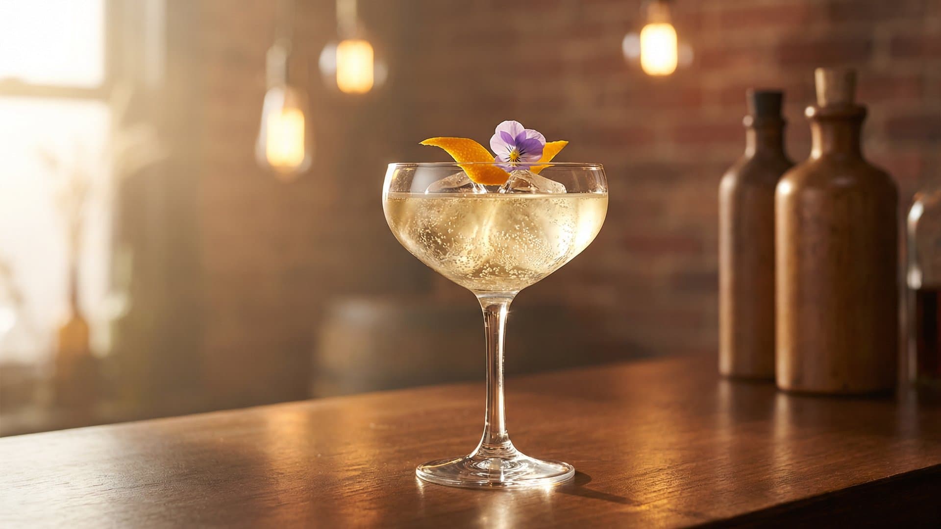 Holly's Morning Reverie cocktail in a champagne flute or coupe garnished with Orange peel twist, optional small edible flower