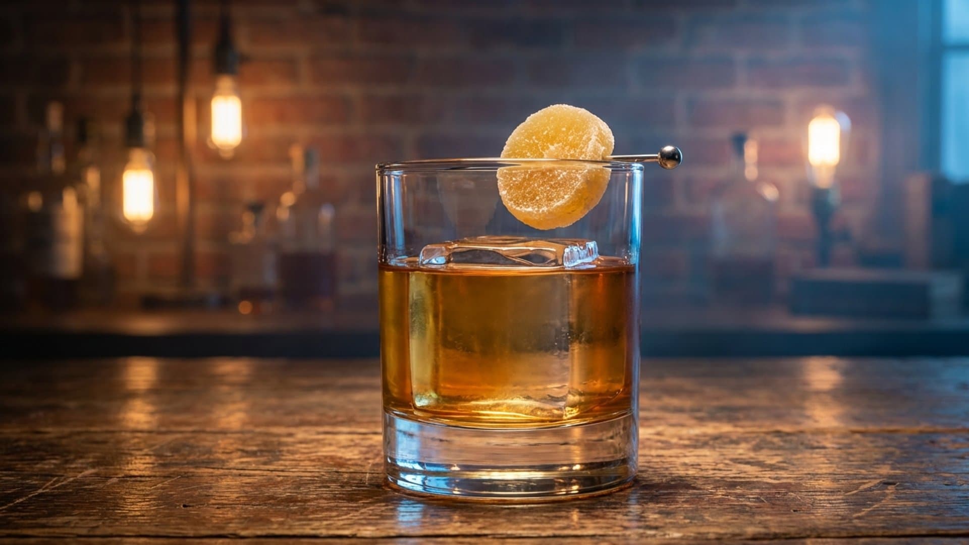 Ember & Spice cocktail in a double old fashioned garnished with candied ginger coin on a pick