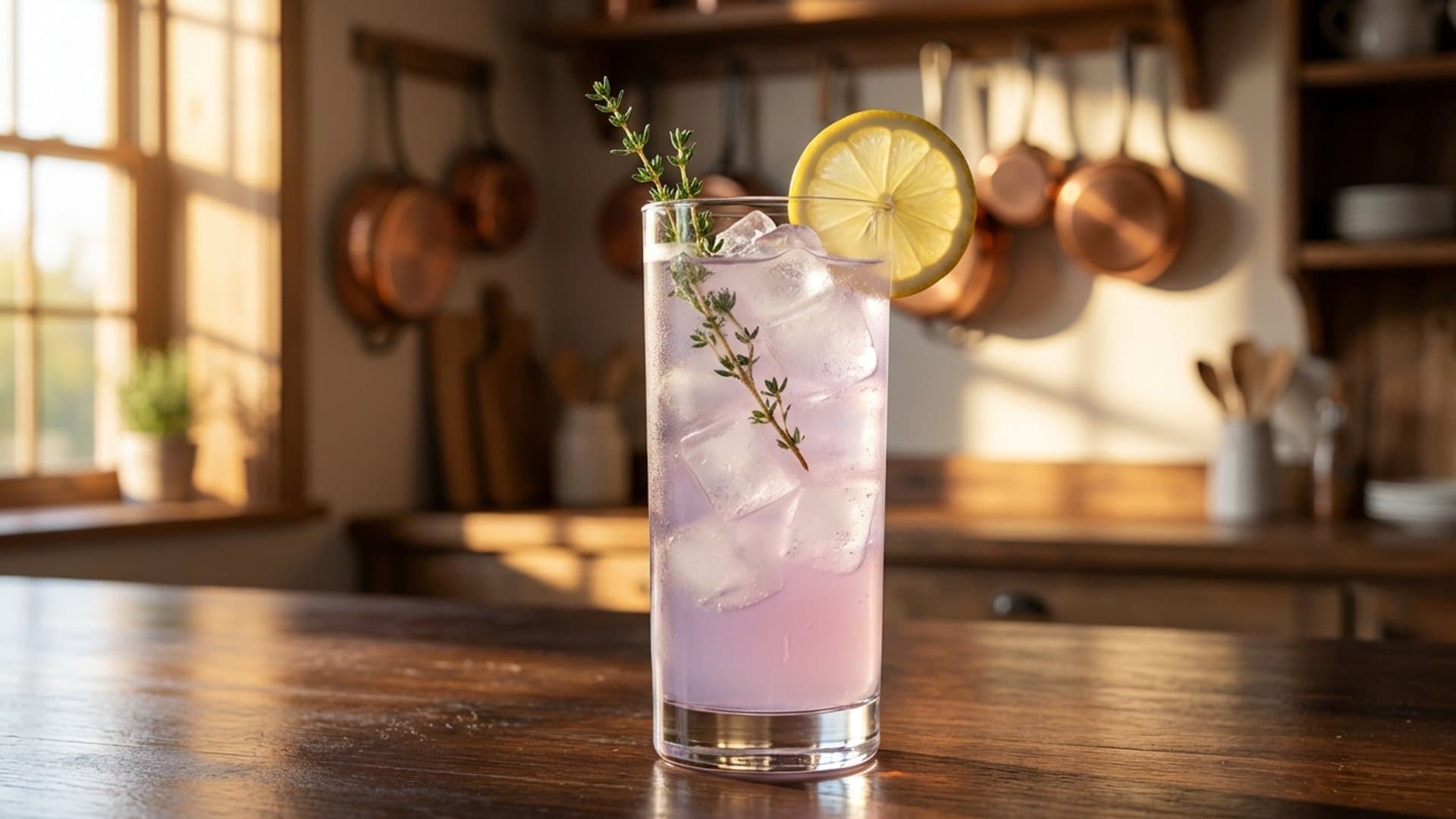 Citrus Grove Tonic cocktail in a highball garnished with Fresh thyme sprig and lemon wheel