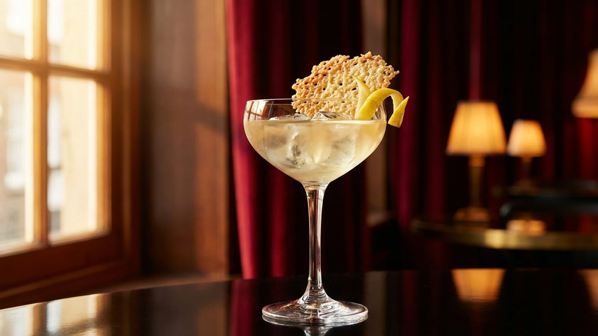 The Golden Rind cocktail in a coupe garnished with thin baked parmesan crisp and lemon twist