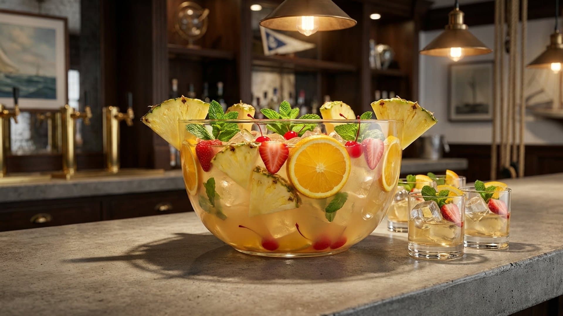 Island Sunset Punch cocktail in a punch bowl (serves into punch cups or rocks glasses) garnished with pineapple wedges, orange wheels, fresh strawberries, maraschino cherries, and mint sprigs