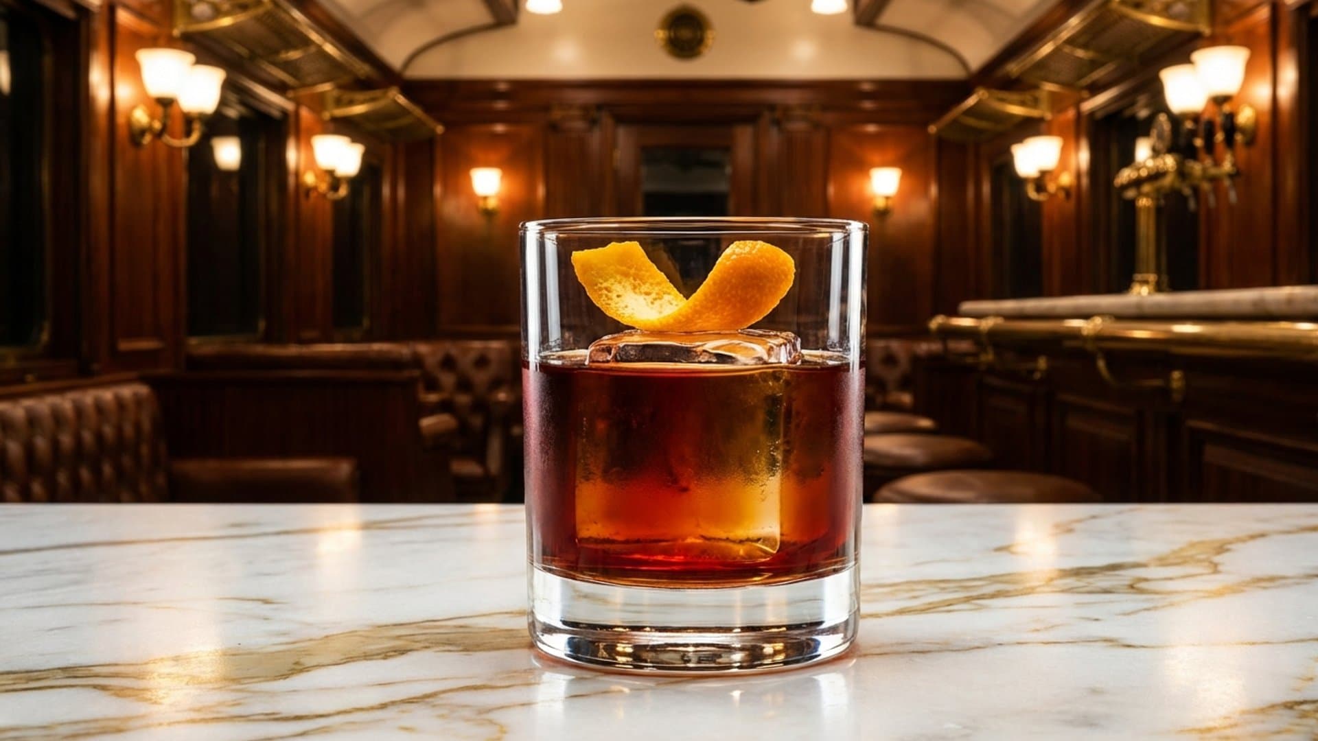 Carne Oscura cocktail in a rocks garnished with expressed orange peel