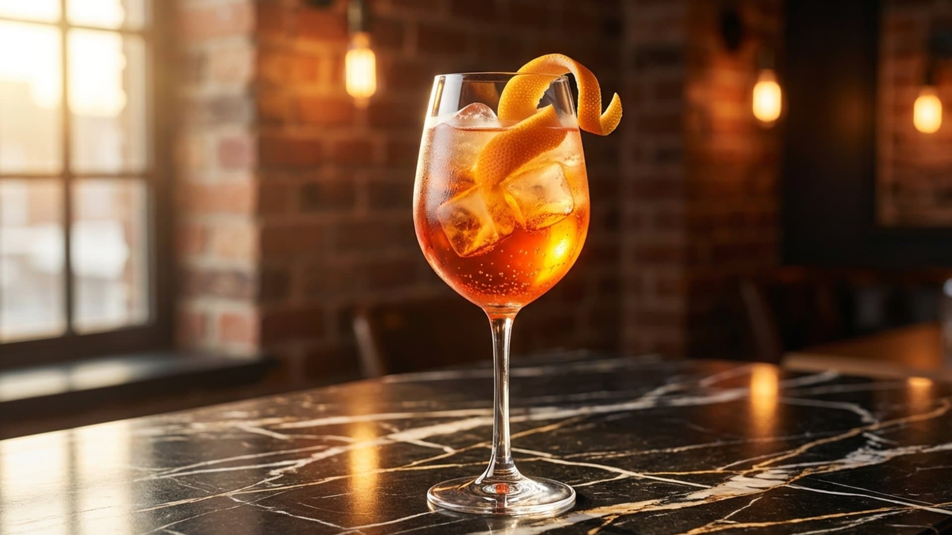 Rhubarb Afternoon Spritz cocktail in a wine glass garnished with Grapefruit peel twist