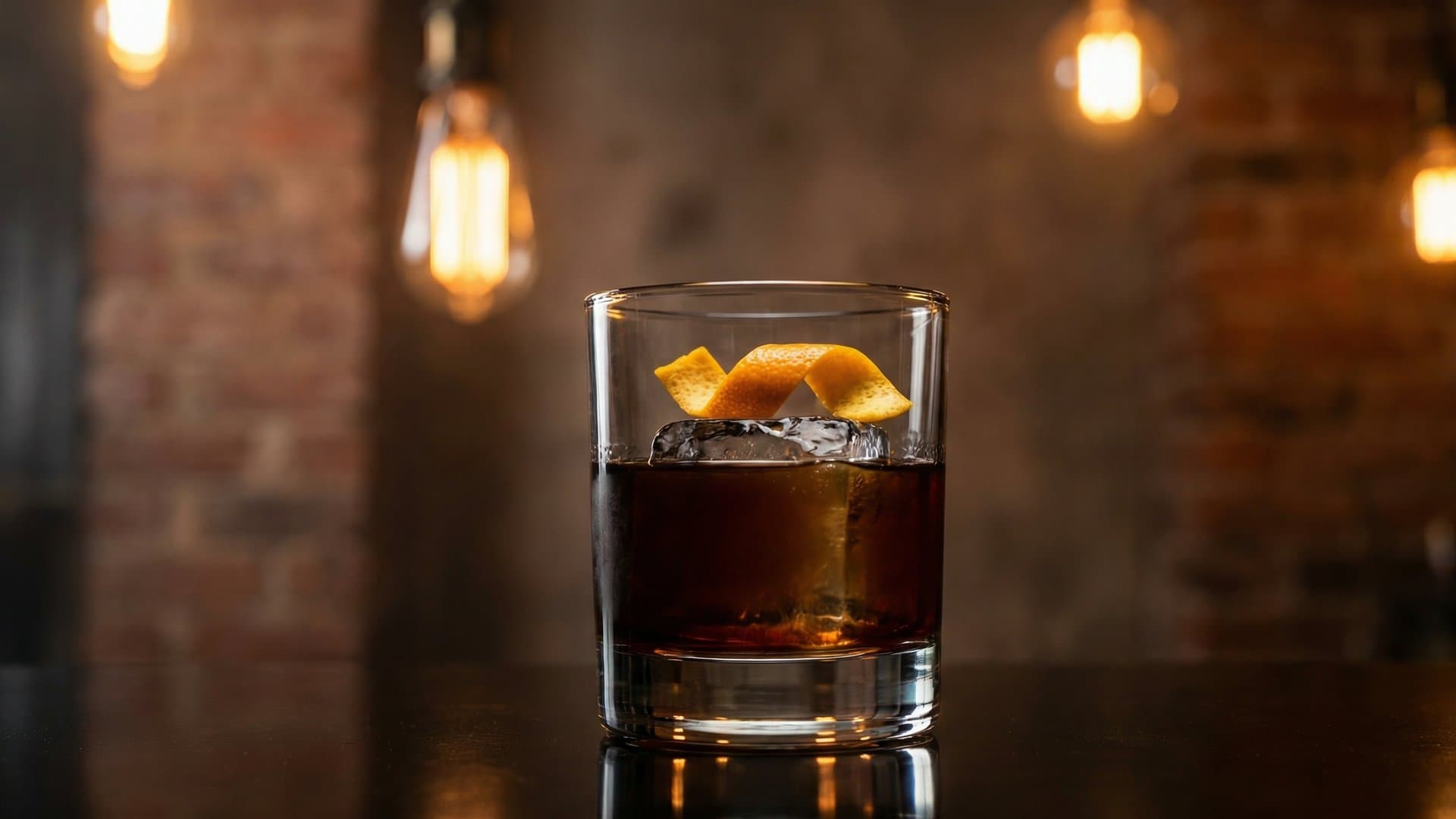 Ahumado Viejo cocktail in a double old fashioned garnished with Expressed orange peel