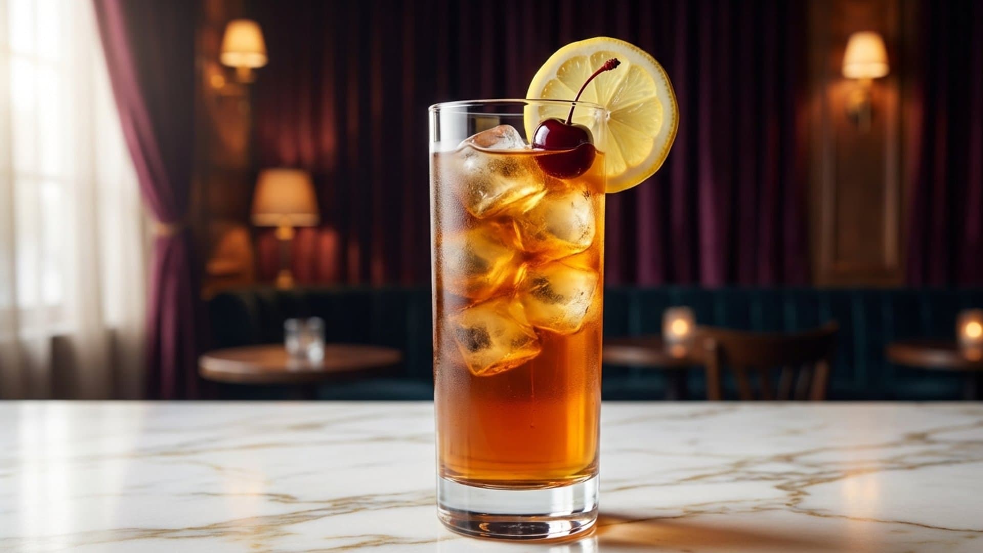 Backstage Pass cocktail in a Collins garnished with Luxardo cherry and lemon wheel