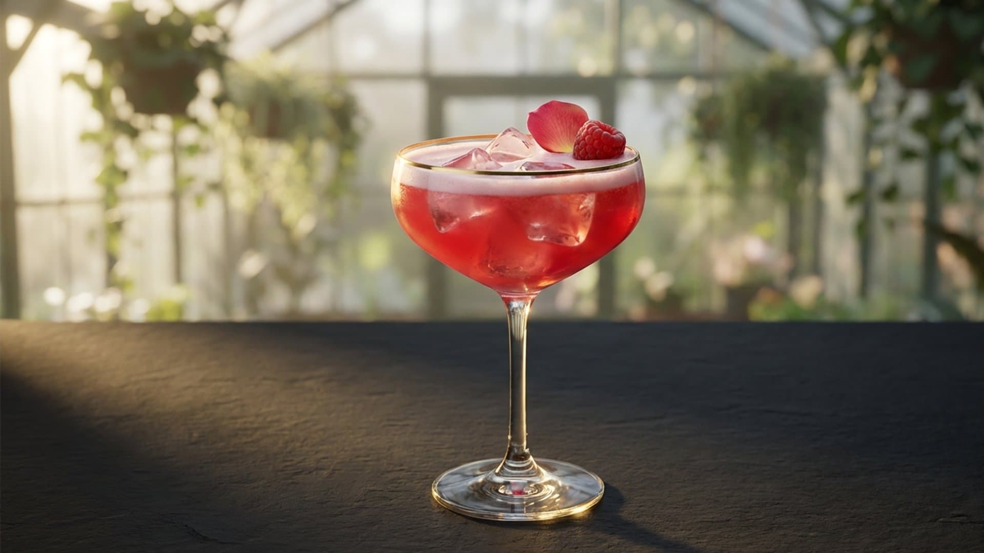 Barbie Dreamhouse cocktail in a coupe garnished with Fresh raspberry and edible rose petal