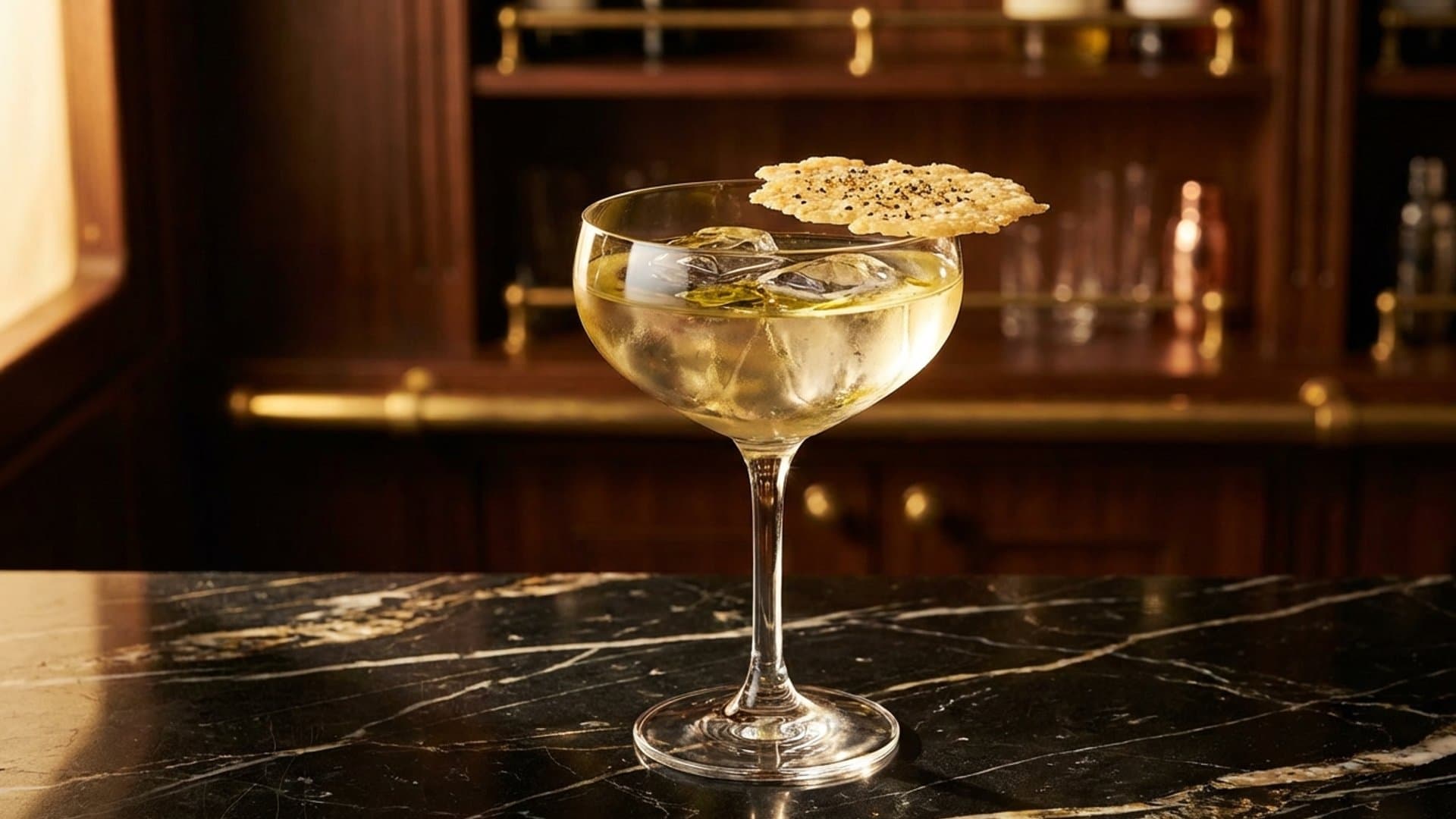 Carbonara Martini cocktail in a coupe garnished with Parmesan crisp on rim with cracked black pepper