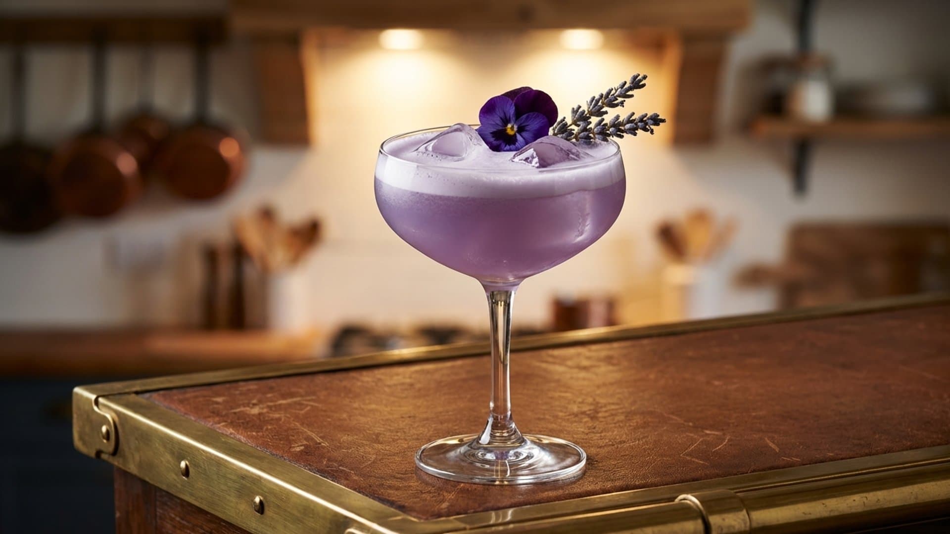 Pressure Point cocktail in a coupe garnished with edible viola flower or dried lavender sprig