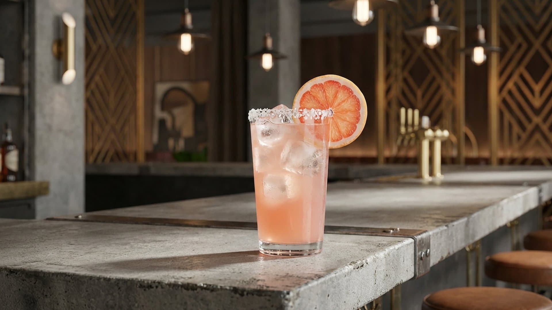 Pink Paloma Fresca cocktail in a highball garnished with grapefruit wheel and half salt rim