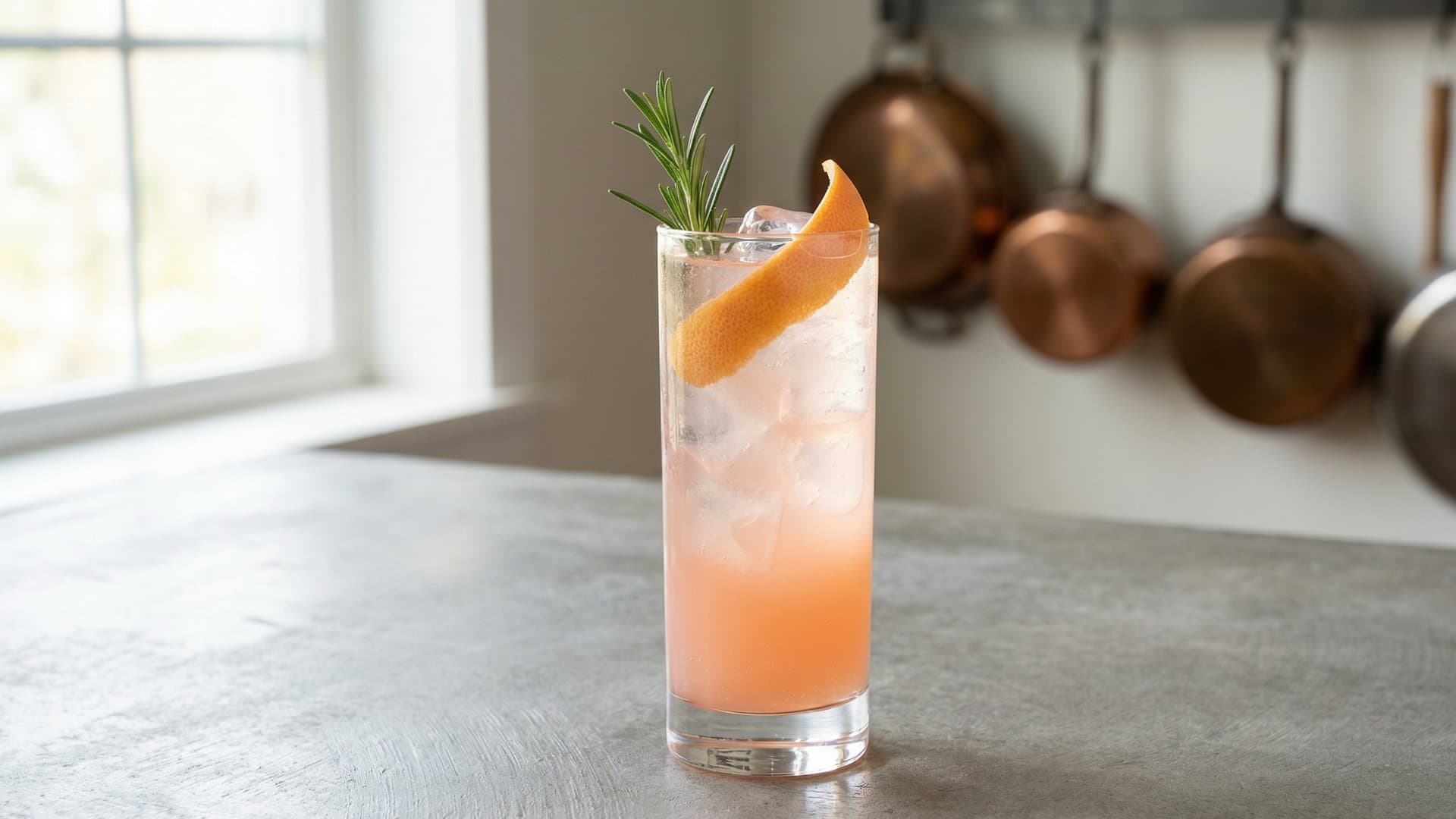 Grove & Tonic Spritz cocktail in a highball garnished with Grapefruit peel twist and optional fresh rosemary sprig