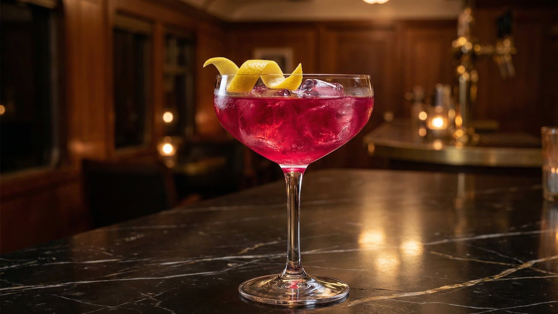 La Bodega cocktail in a coupe garnished with Lemon peel twist