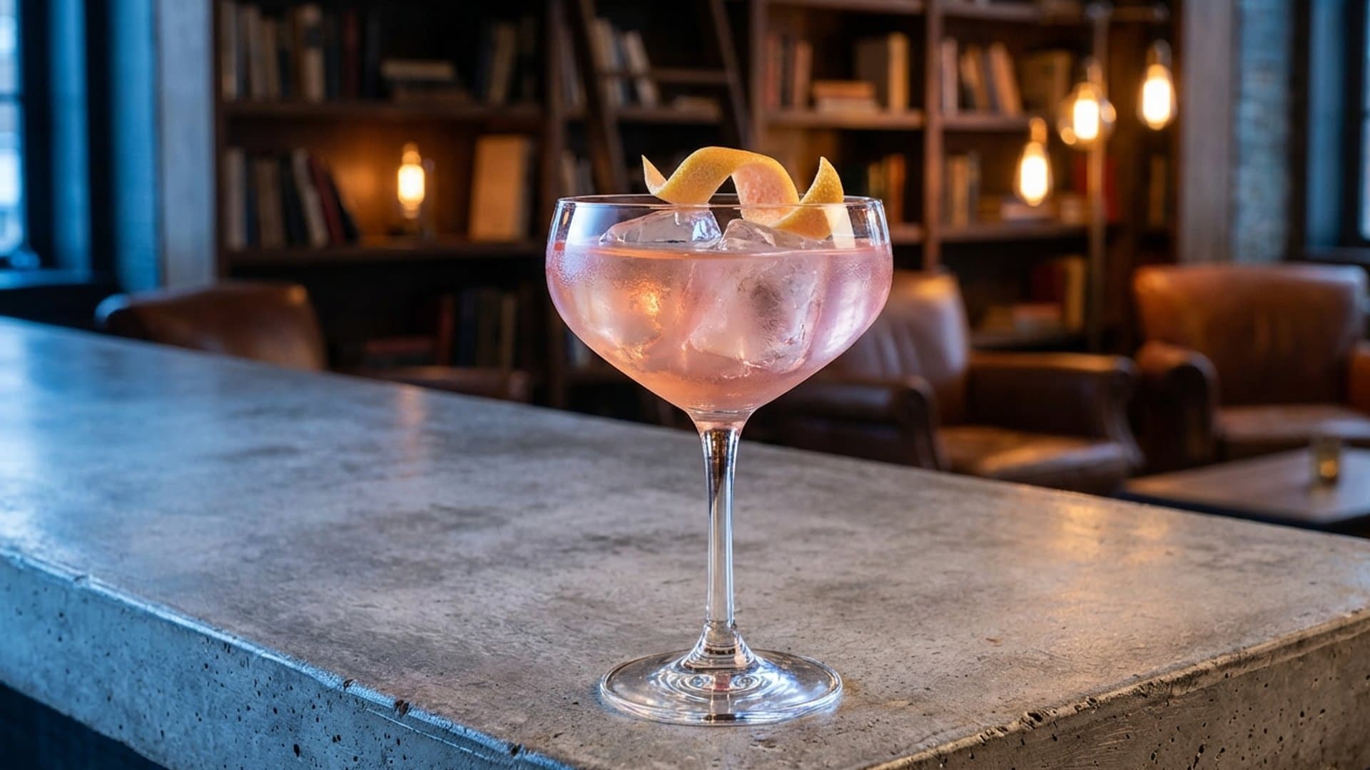 Jardin Blanc cocktail in a coupe garnished with grapefruit twist