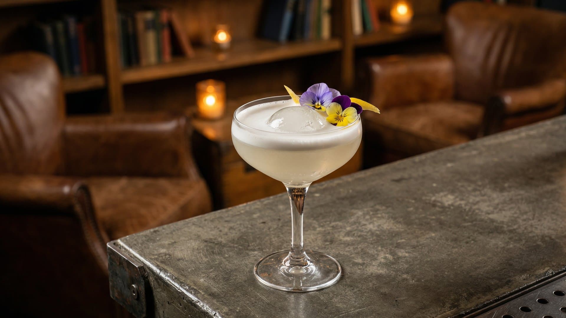 Sunday Serenity cocktail in a coupe garnished with Edible flower or lemon wheel