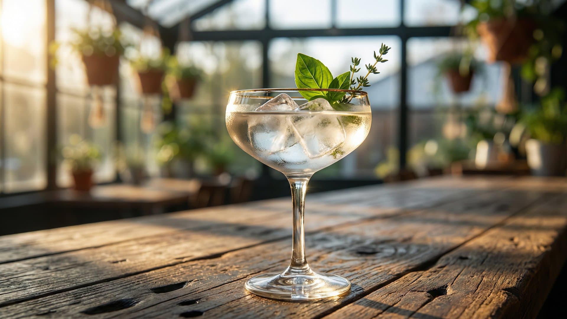 Garden Gimlet cocktail in a coupe garnished with fresh basil leaf and thyme sprig