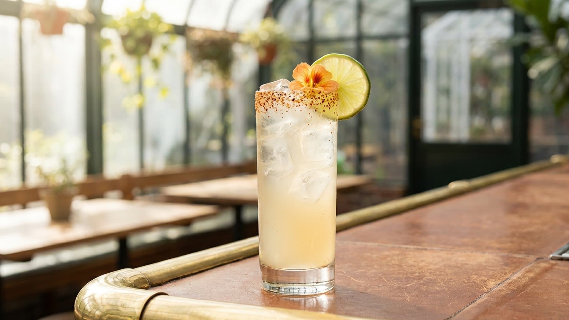 Fiesta Fizz cocktail in a Collins garnished with lime wheel and edible flower, optional Tajín rim