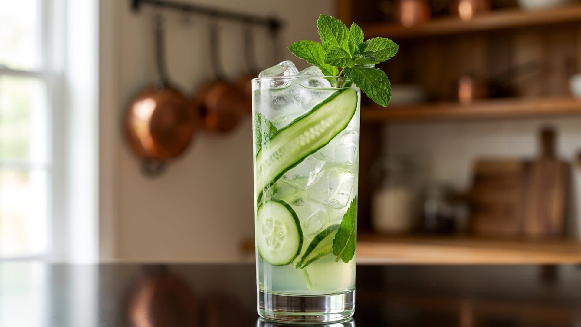 Jade Cooler cocktail in a highball garnished with Cucumber ribbon and fresh mint sprig