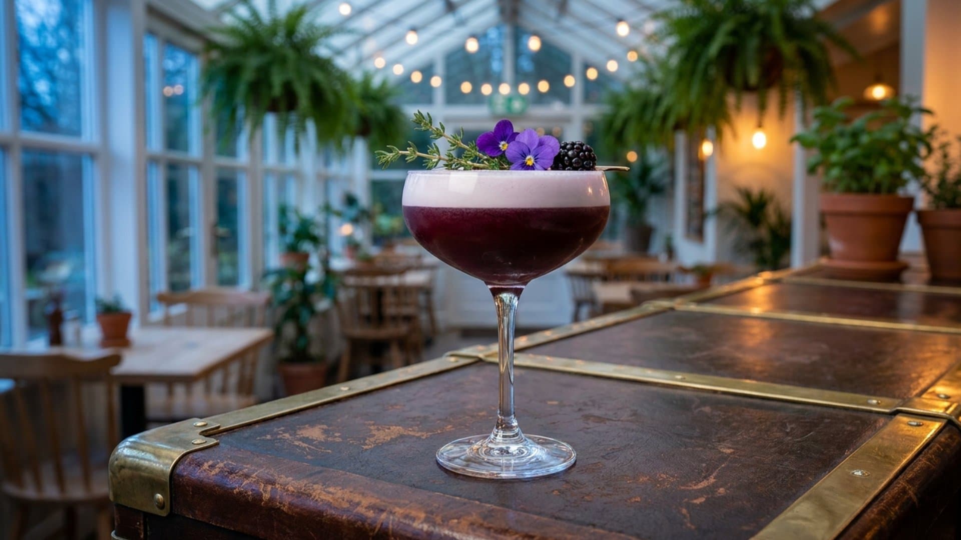 The Garden Path cocktail in a coupe garnished with Fresh thyme sprig, edible flowers (violets or pansies), and a fresh berry