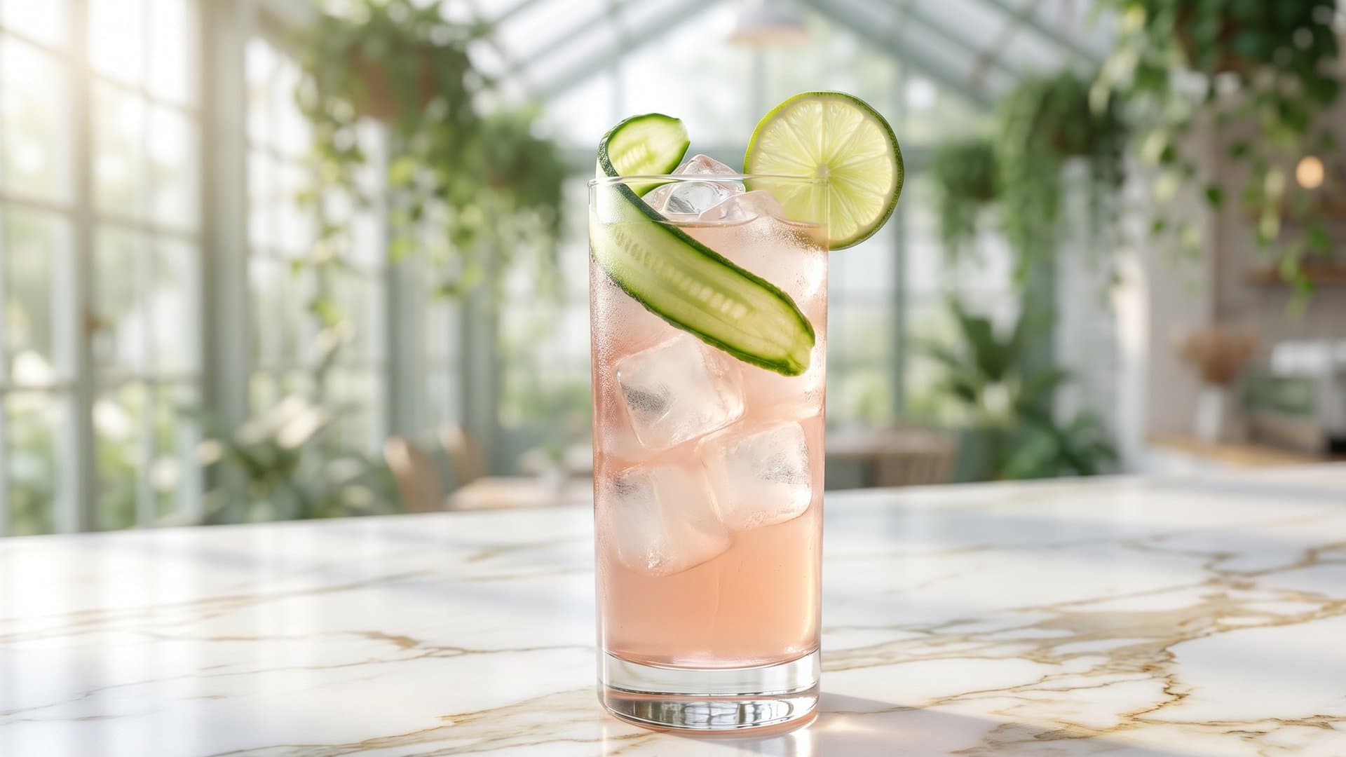Garden Fizz cocktail in a highball garnished with cucumber ribbon and lime wheel