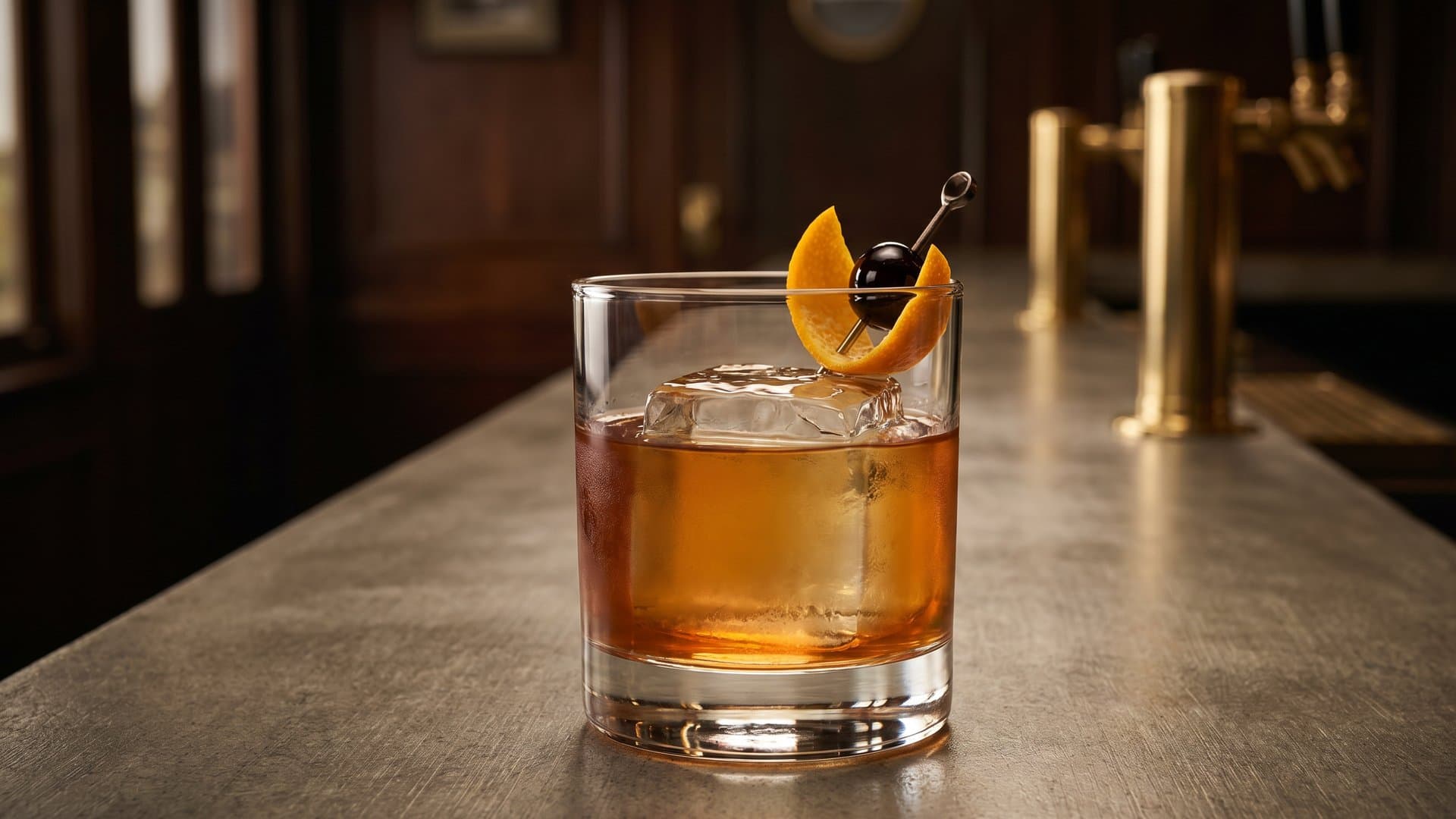 Backstage Pass cocktail in a rocks garnished with Orange peel and Luxardo cherry