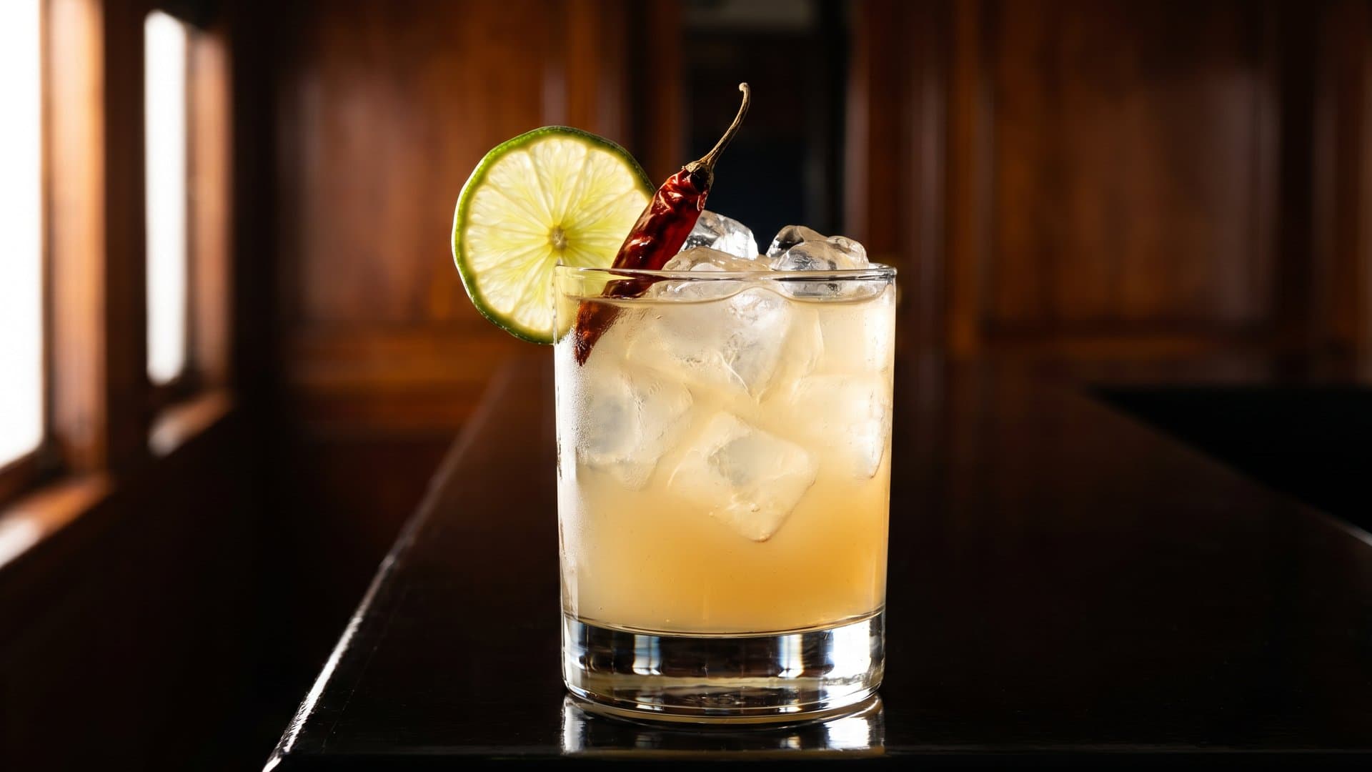 Pastor's Companion cocktail in a rocks garnished with Lime wheel and dried chile