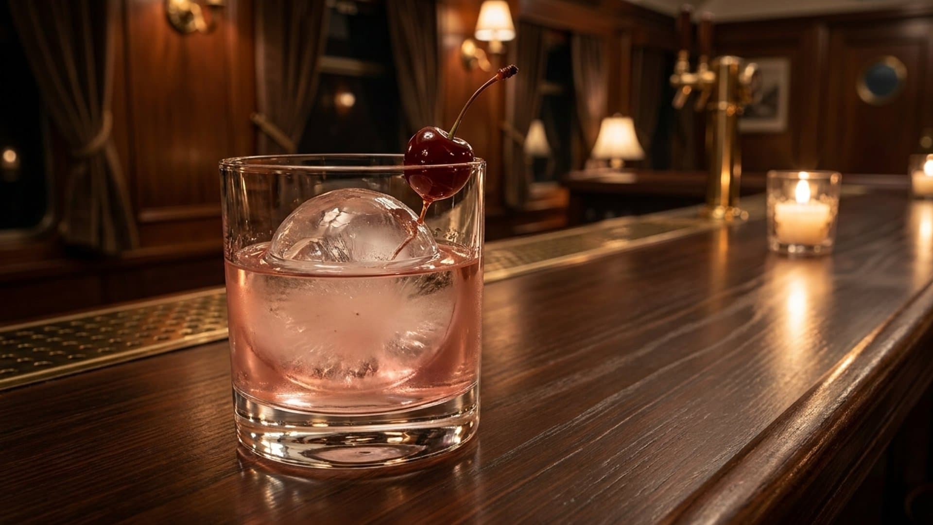 Smokehouse Manhattan cocktail in a coupe or rocks glass garnished with Luxardo cherry