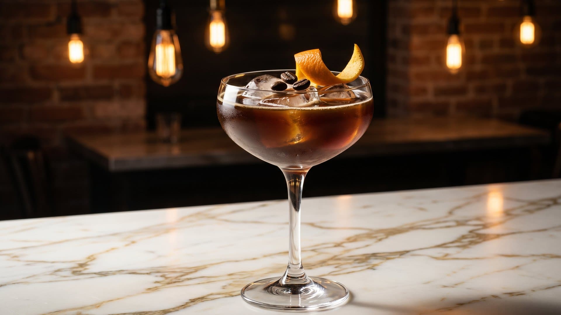 Midnight Velvet cocktail in a coupe garnished with 3 espresso beans and expressed orange peel