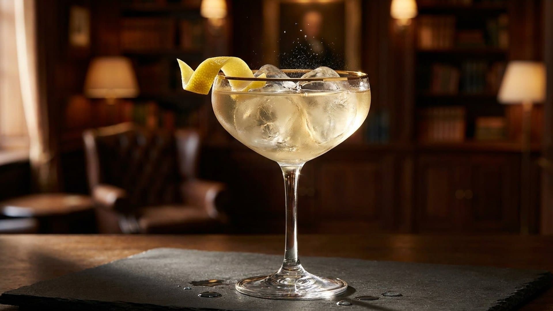 Midnight in Paris cocktail in a champagne flute or coupe garnished with lemon twist