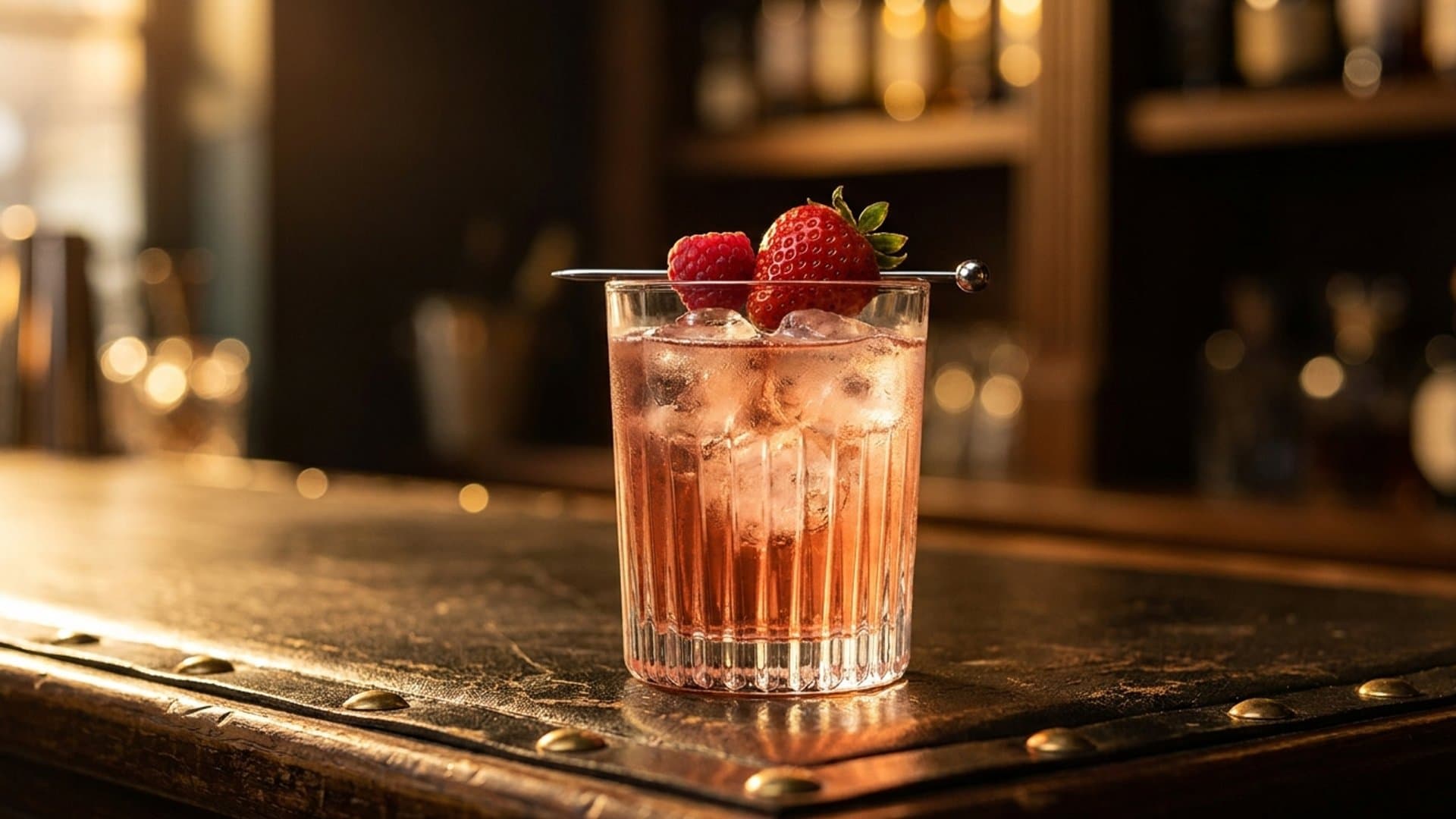 Berry Royale cocktail in a champagne flute garnished with Fresh berry or two on a cocktail pick