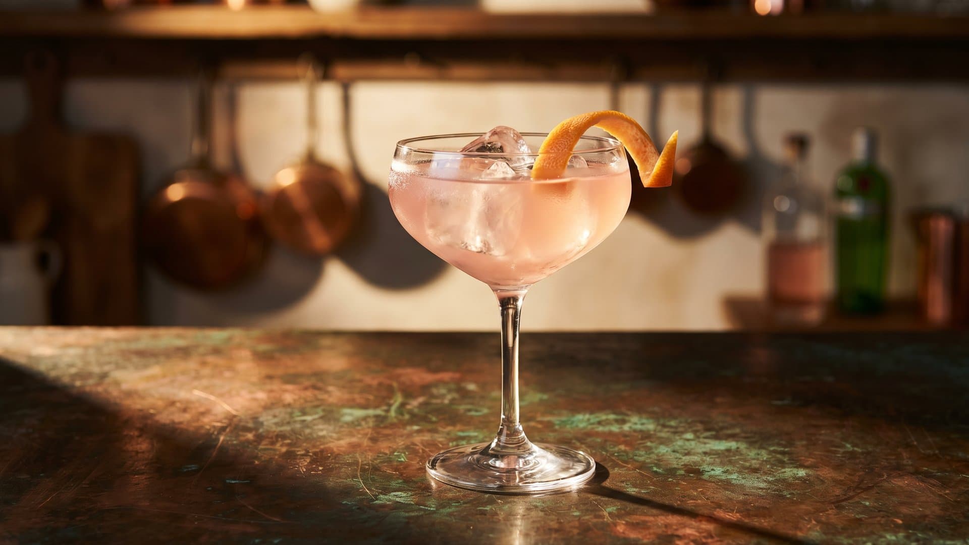 Jardin d'Agrumes cocktail in a coupe garnished with grapefruit twist