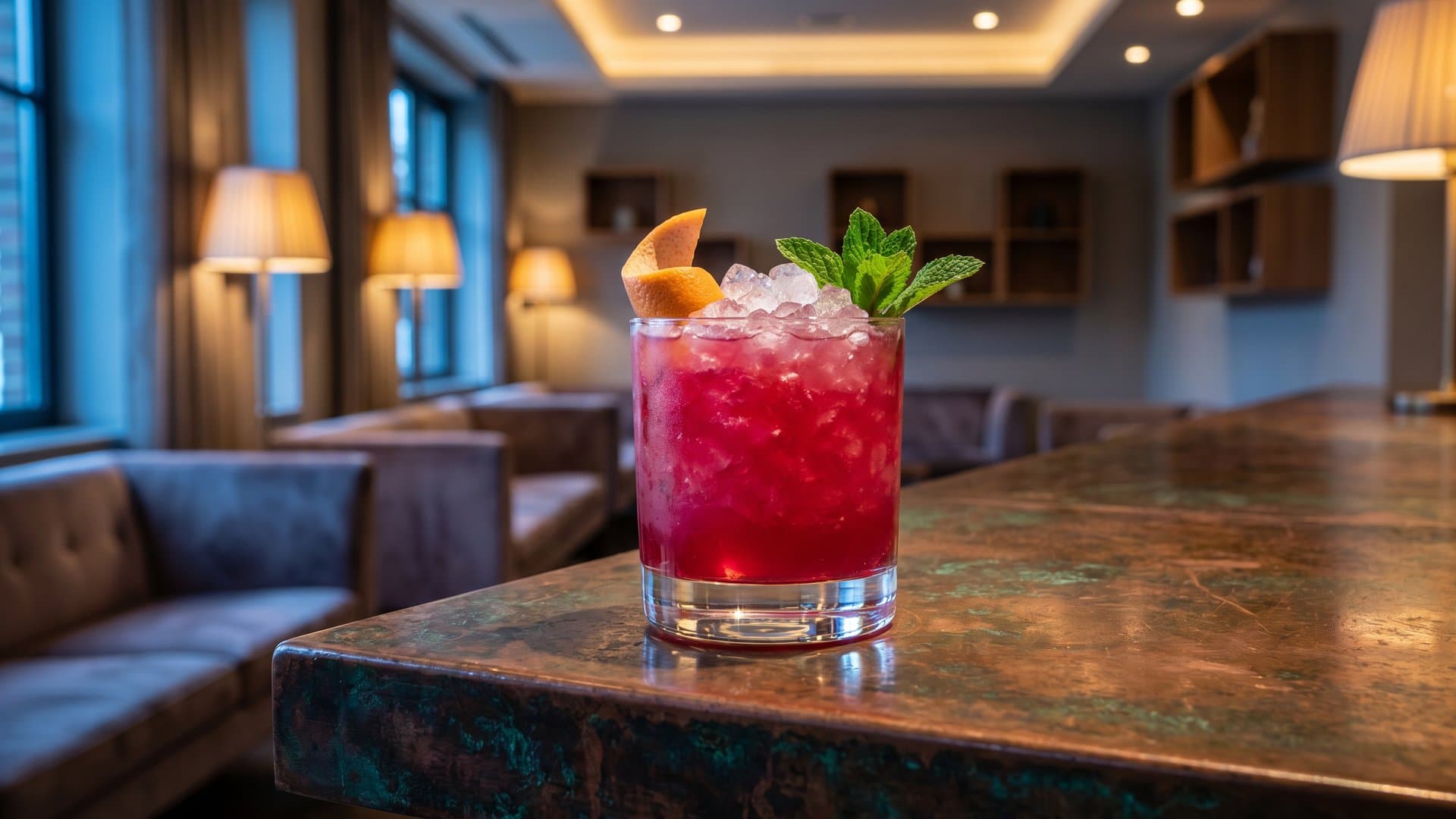 Isola Amara cocktail in a double old-fashioned garnished with grapefruit peel twist and fresh mint sprig