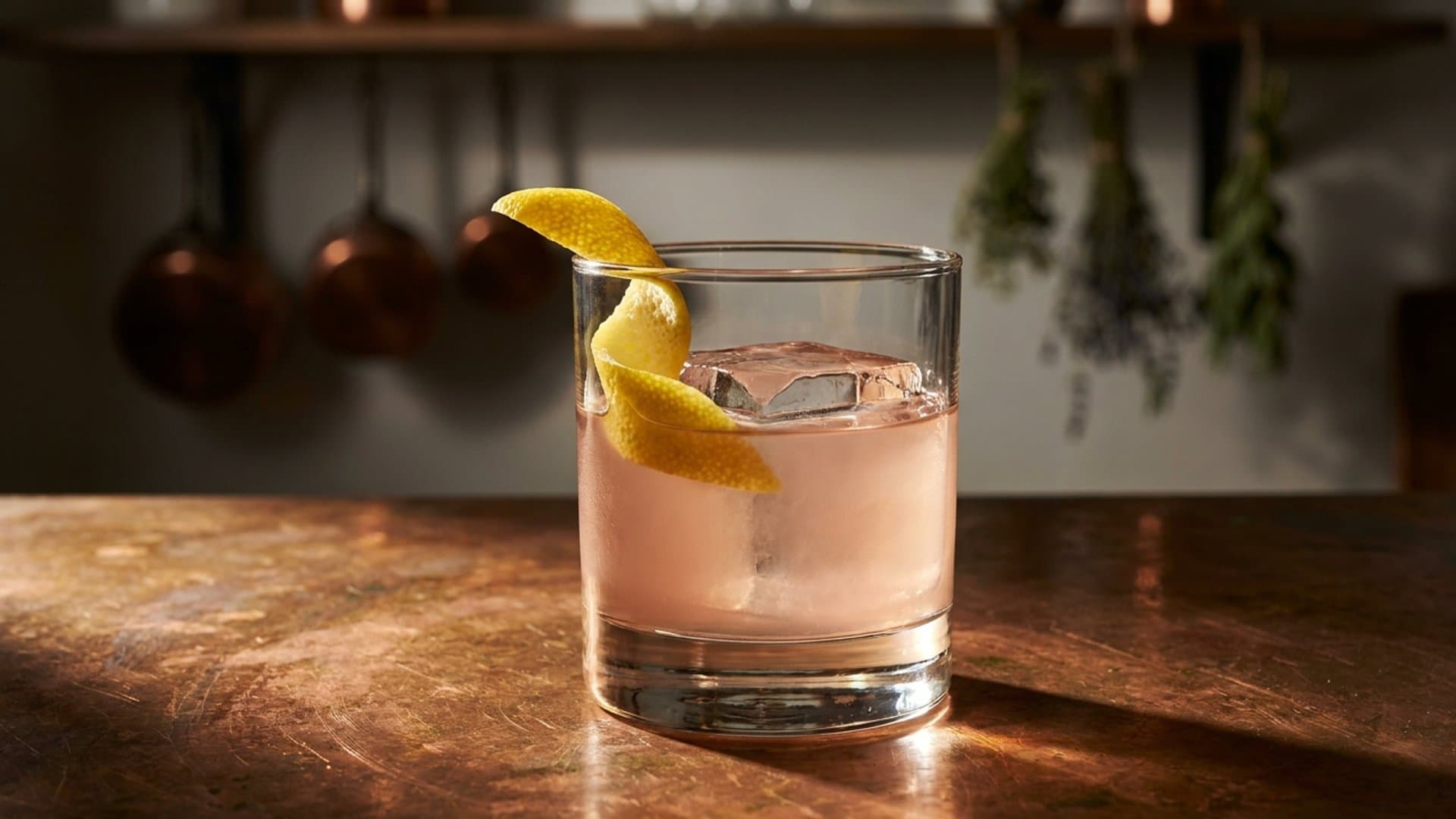 Evening Repose cocktail in a rocks glass garnished with lemon peel twist