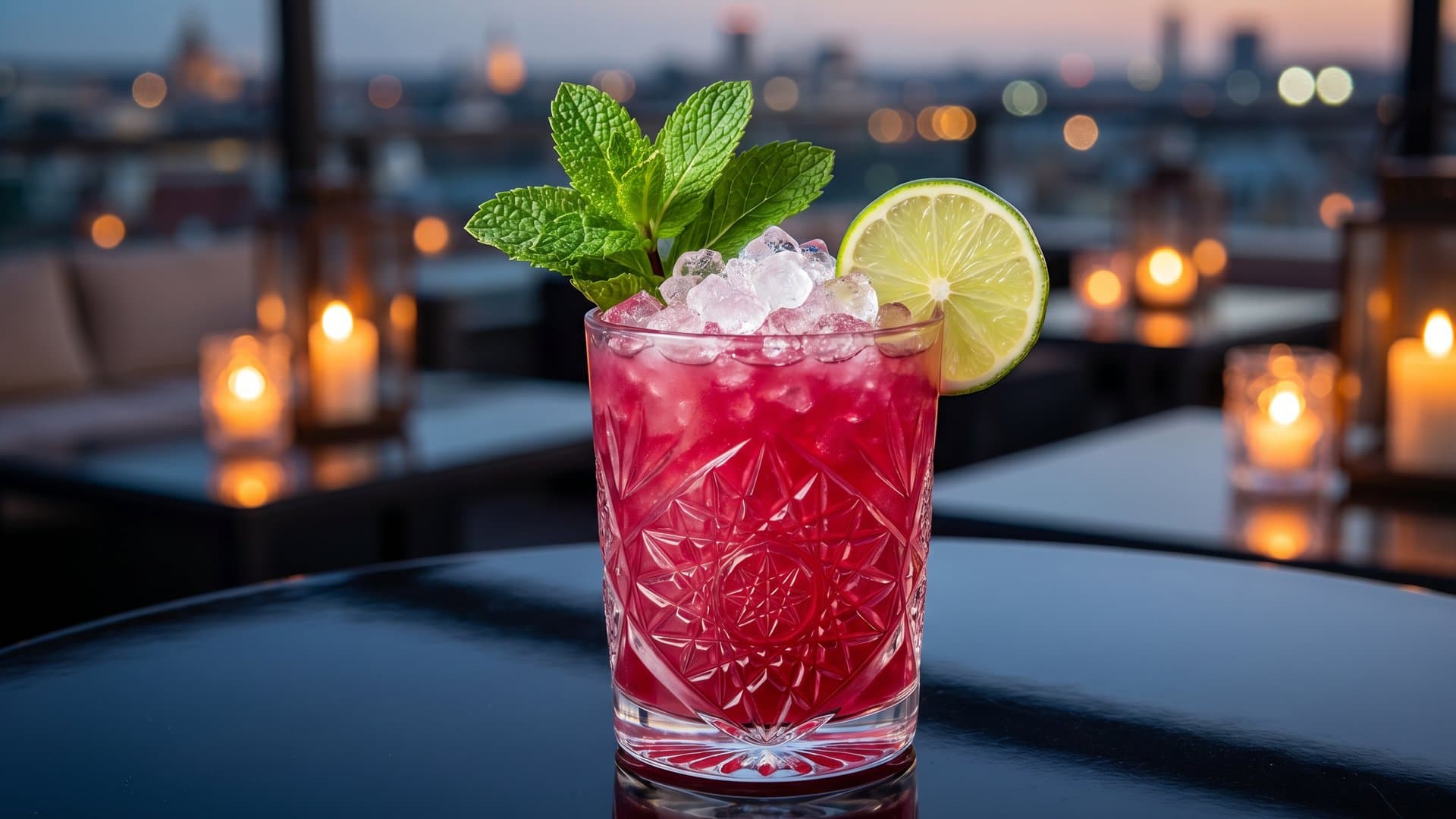 Tradewind Serenade cocktail in a double old-fashioned garnished with Fresh mint sprig and lime wheel