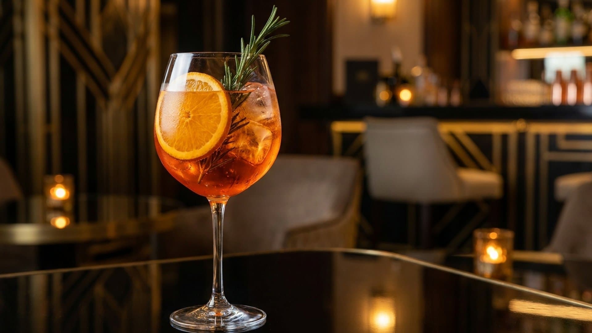 Blood Orange Aperitivo cocktail in a large wine glass garnished with orange wheel and fresh rosemary sprig