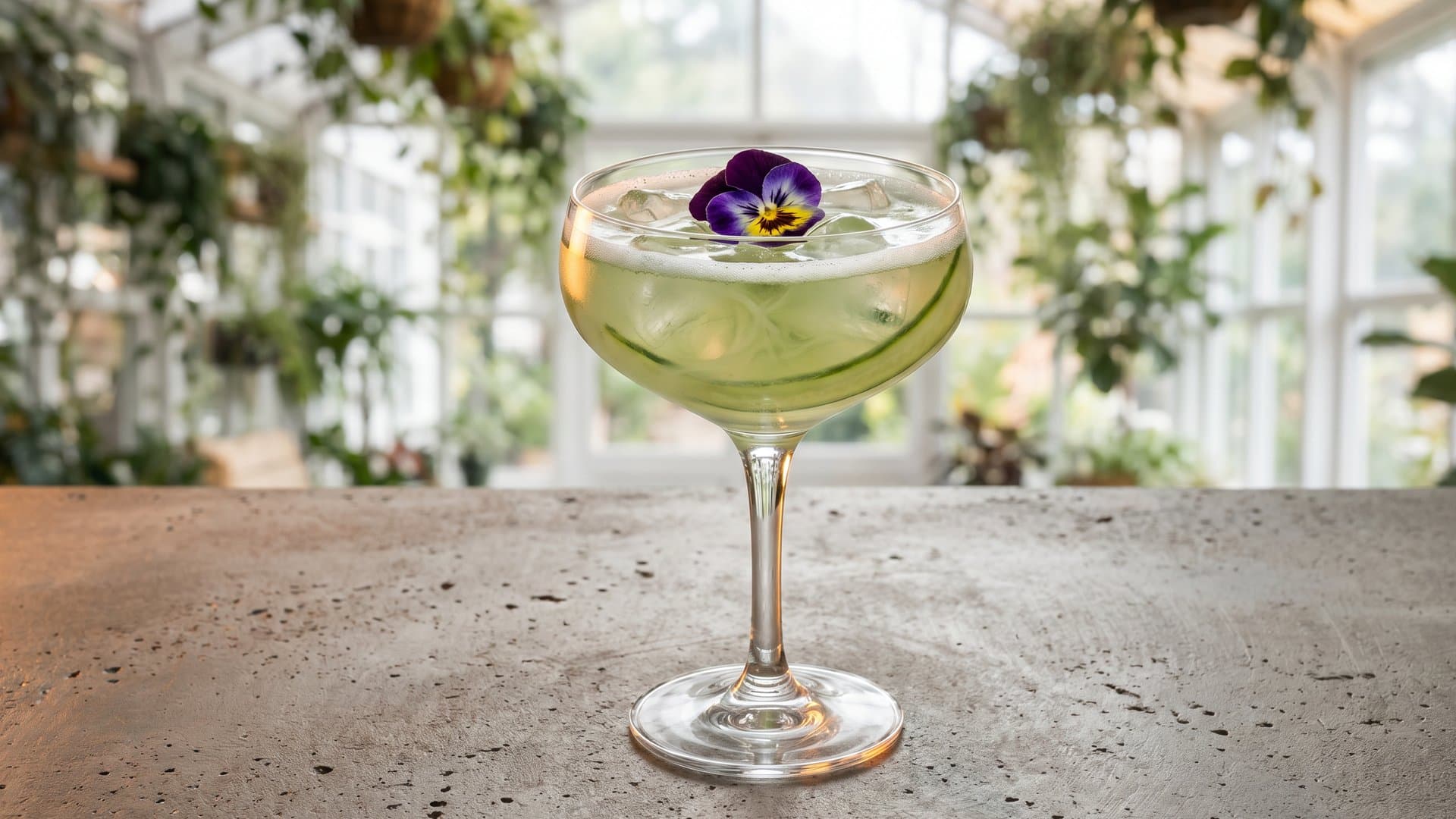 Vapor Garden cocktail in a coupe garnished with edible flower (pansy or viola) floated on surface