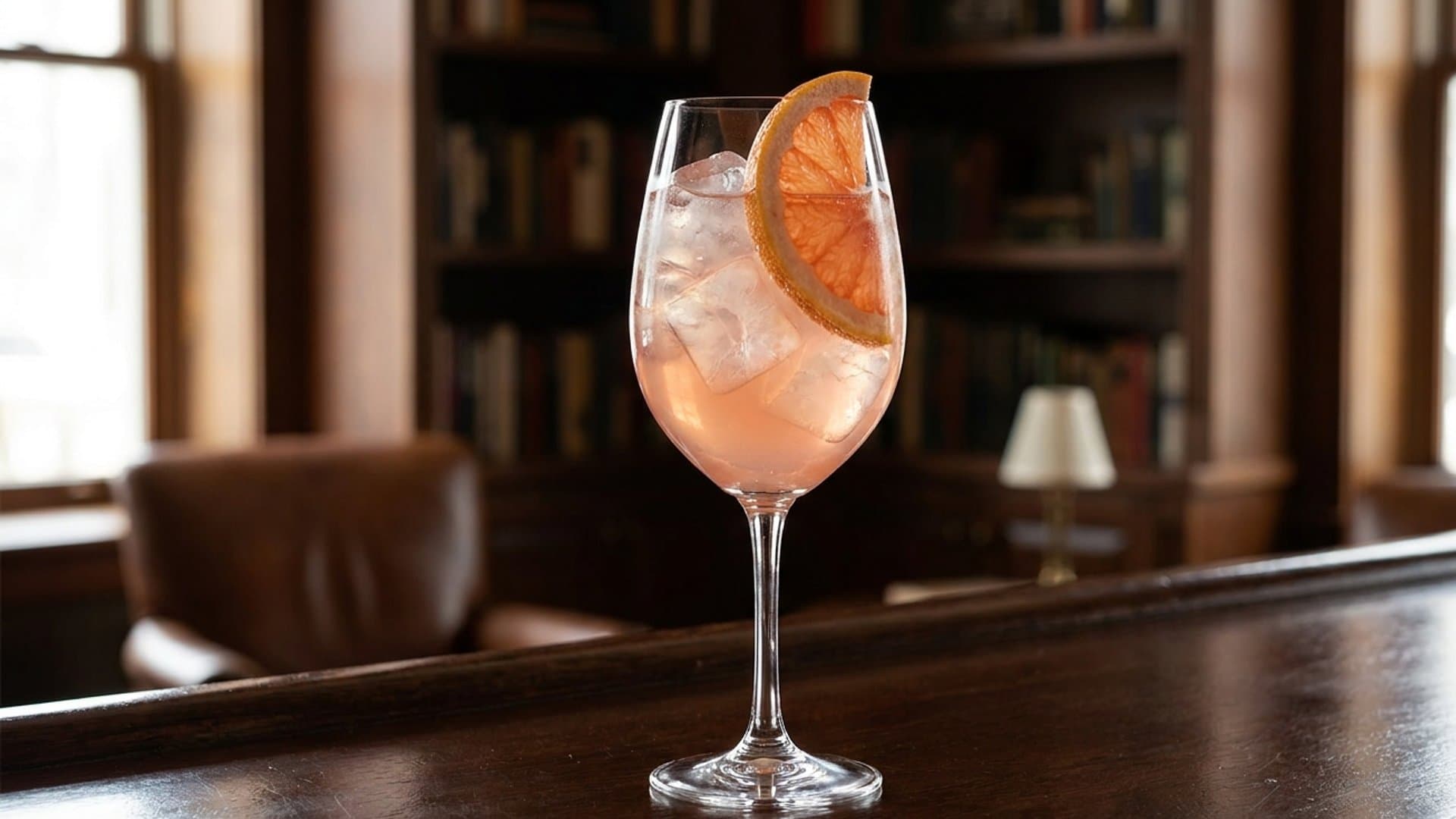 Afternoon Reverie cocktail in a wine glass garnished with grapefruit wheel
