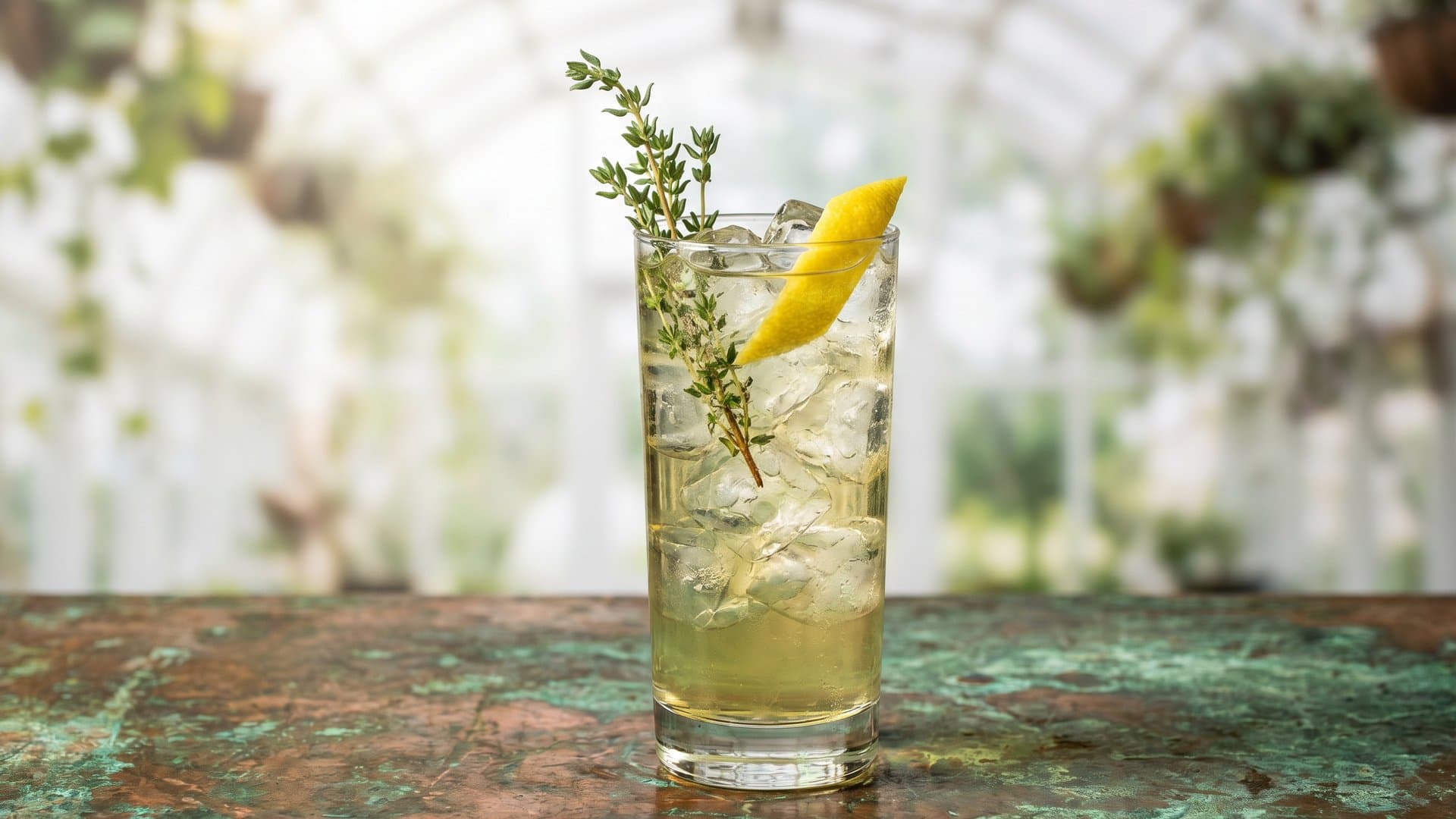 Jardin d'Hiver cocktail in a highball garnished with Fresh thyme sprig and lemon twist