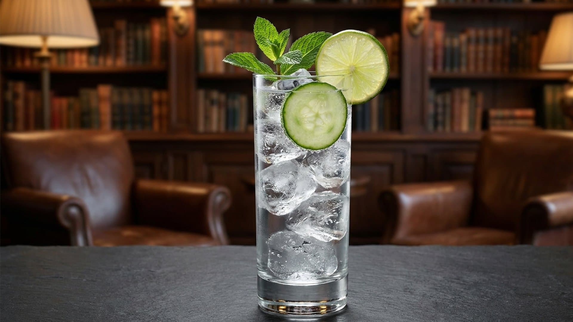 Green Glow cocktail in a collins garnished with cucumber wheel, mint sprig, lime wheel