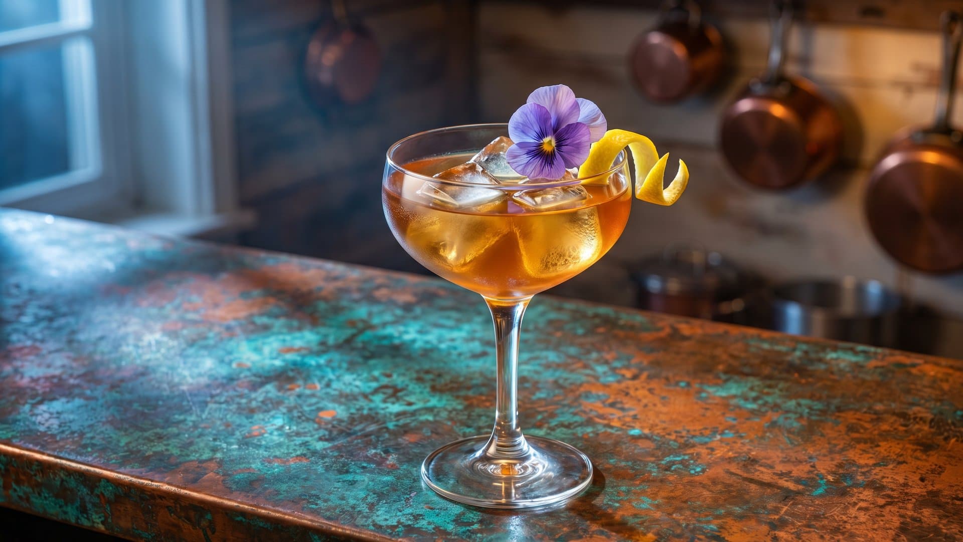 Evening Garden cocktail in a coupe garnished with edible flower or lemon twist
