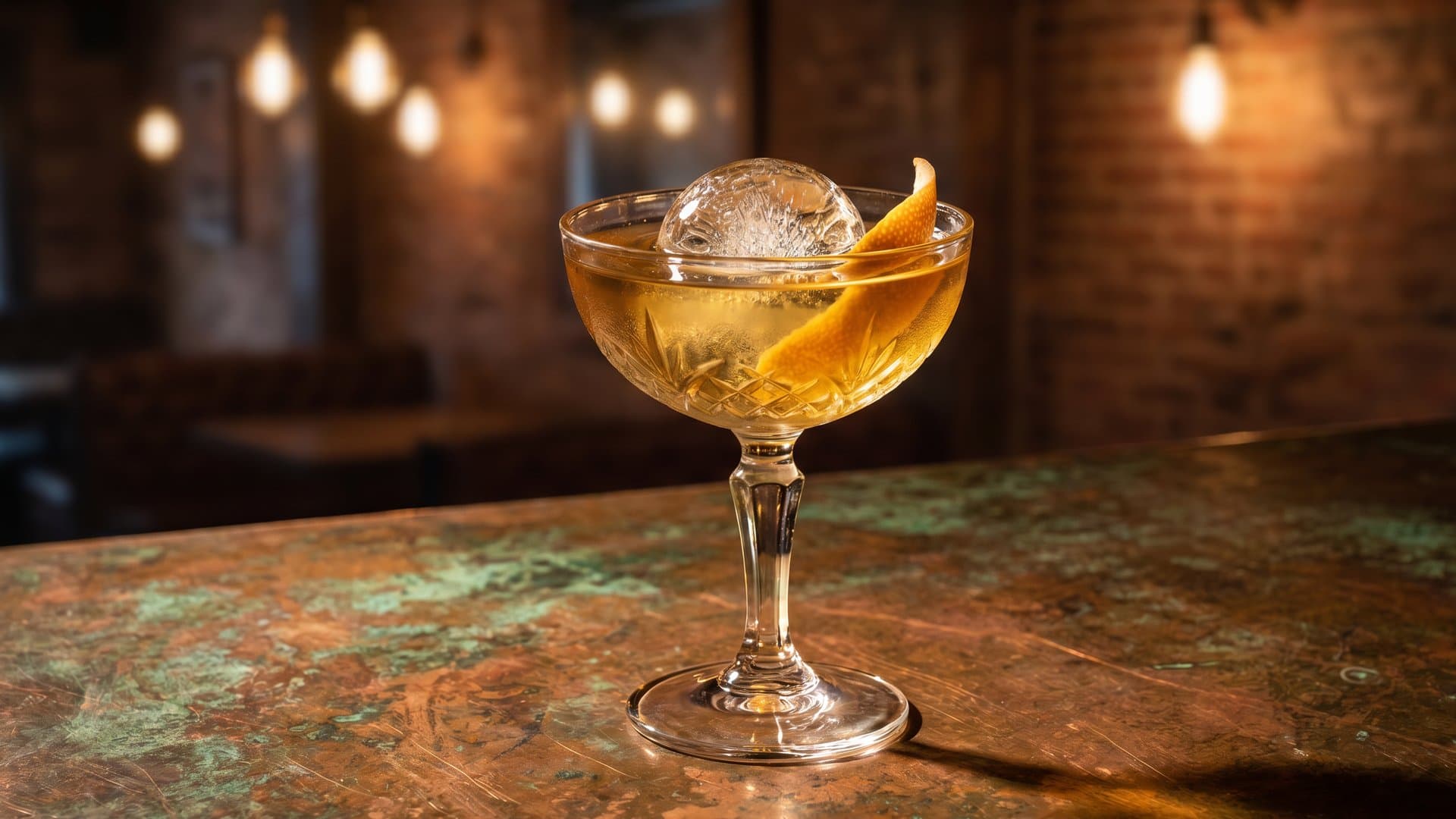 The Golden Heretic cocktail in a coupe garnished with grapefruit peel twist