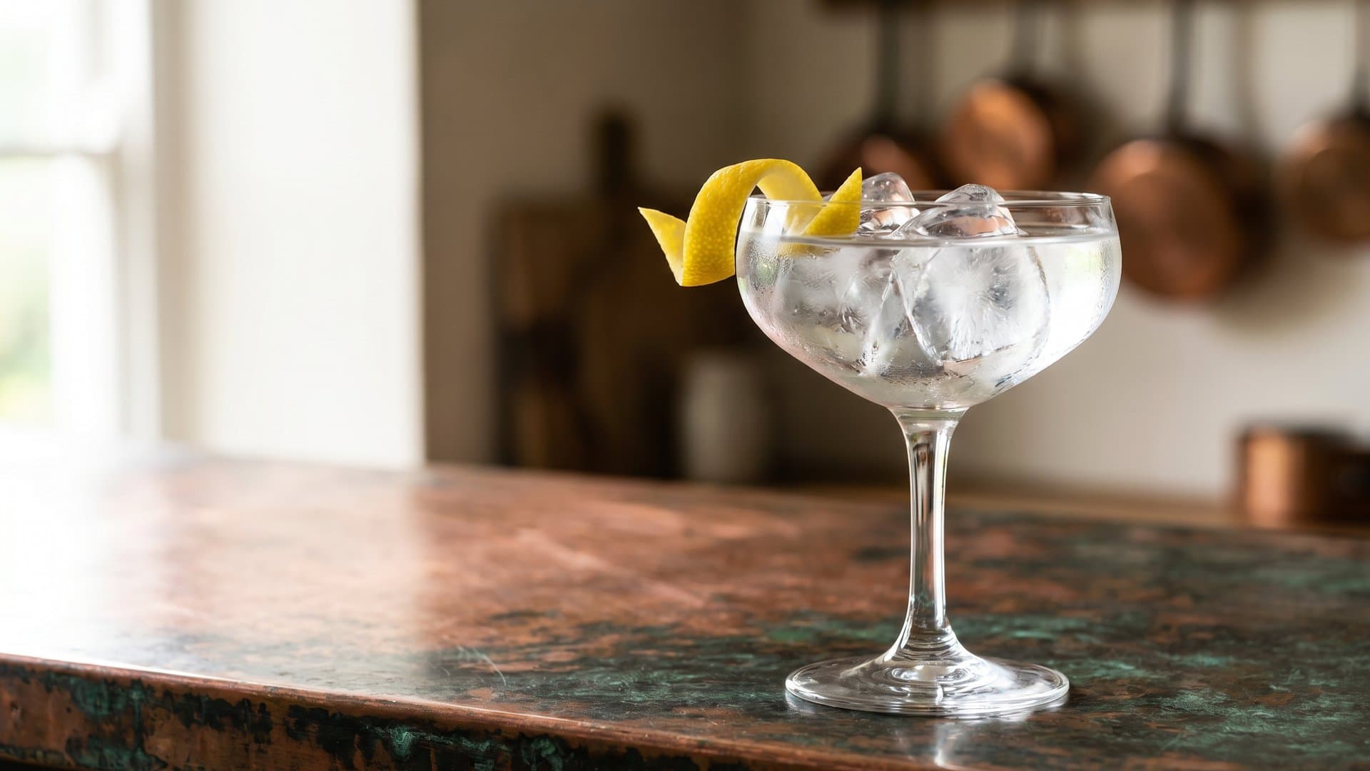 Citrus Edge cocktail in a coupe garnished with lemon twist, expressed and placed on rim