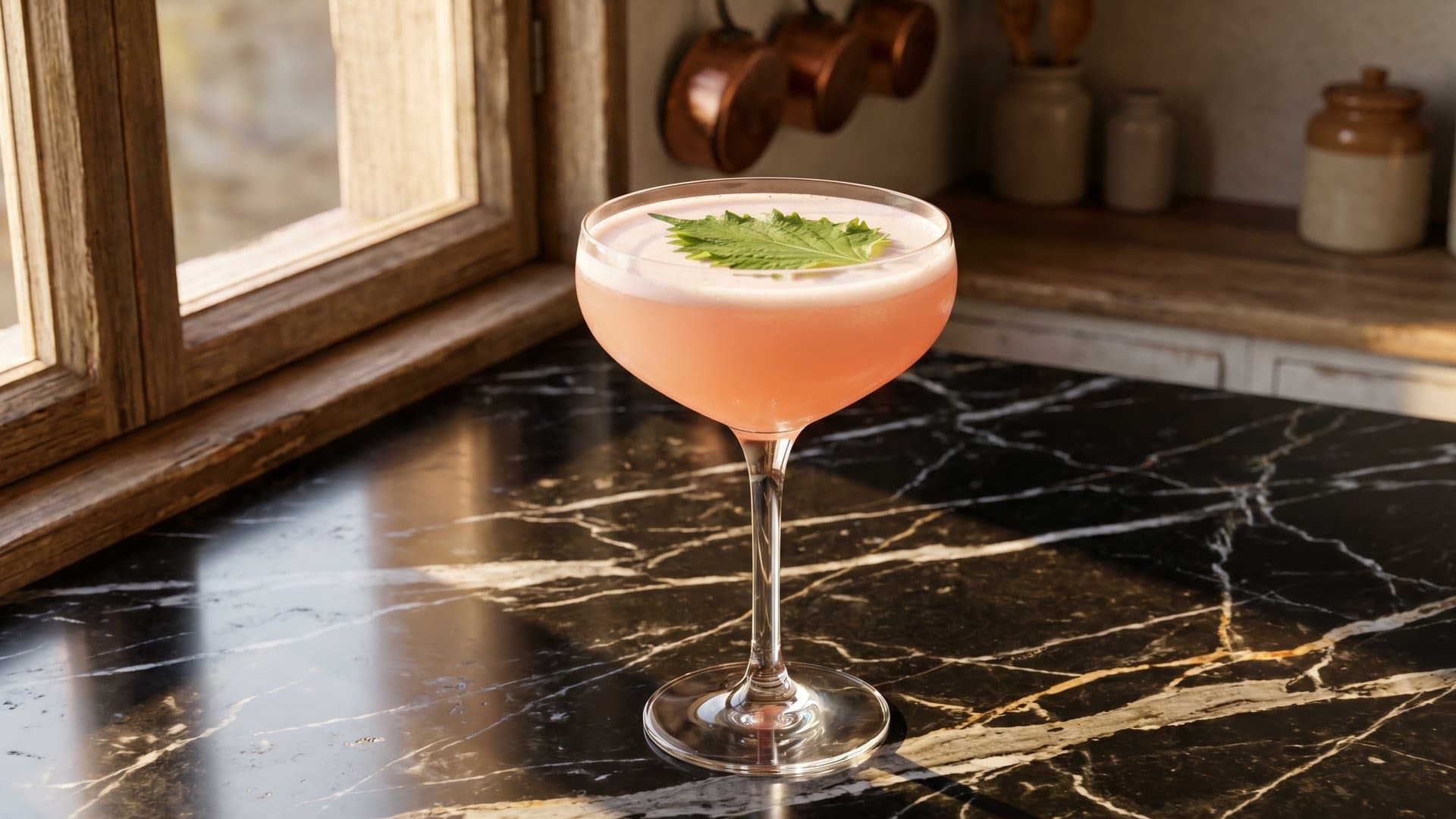 Umami Dawn cocktail in a coupe garnished with Slapped shiso leaf laid across the surface