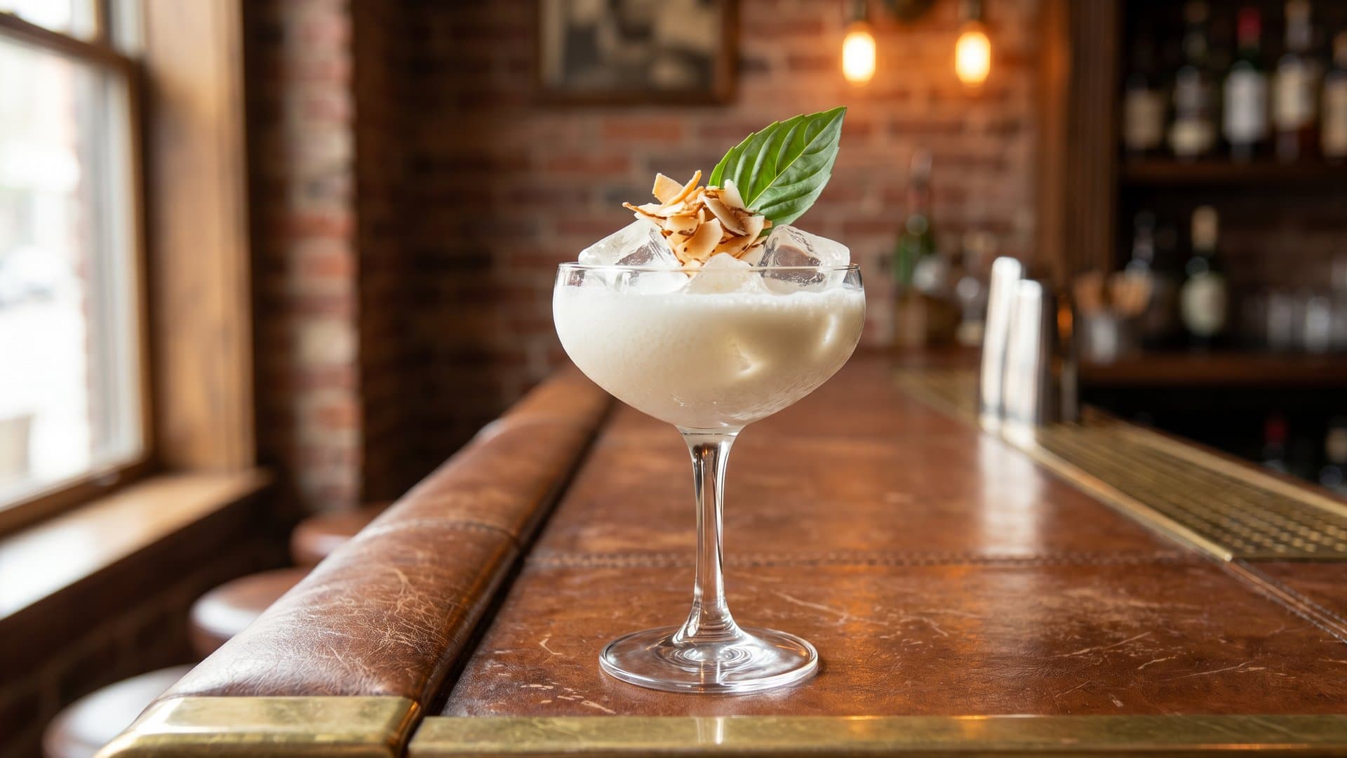 Sukhothai Manhattan cocktail in a coupe garnished with Thai basil leaf and toasted coconut flake