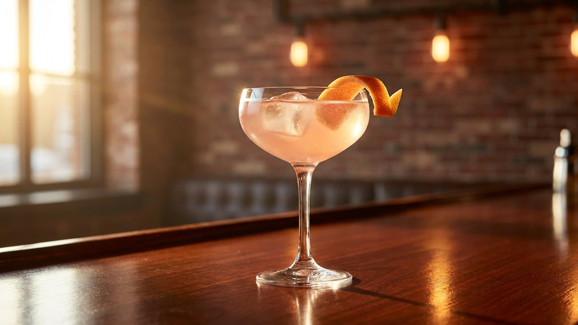 Smoke & Mirrors cocktail in a coupe garnished with grapefruit peel