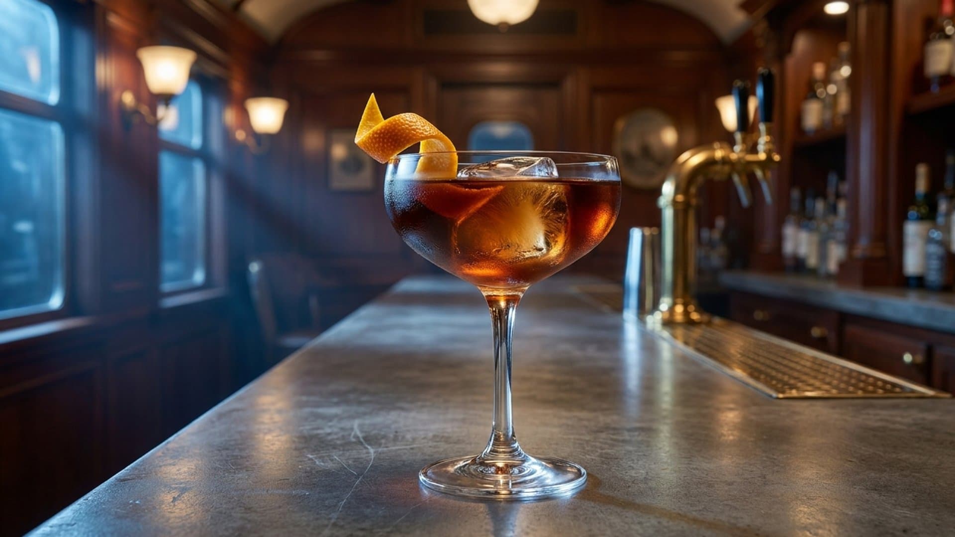 Golden Reverie cocktail in a coupe garnished with orange peel