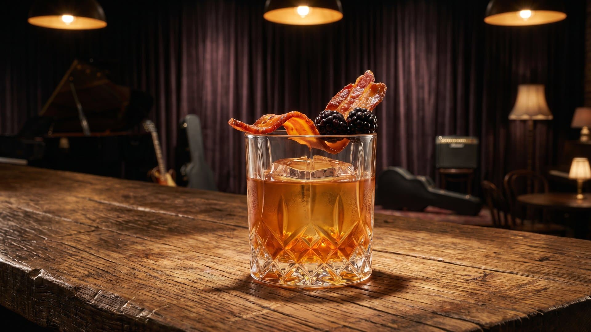 The Umami Sunset cocktail in a double old-fashioned garnished with Candied bacon strip and fresh blackberry