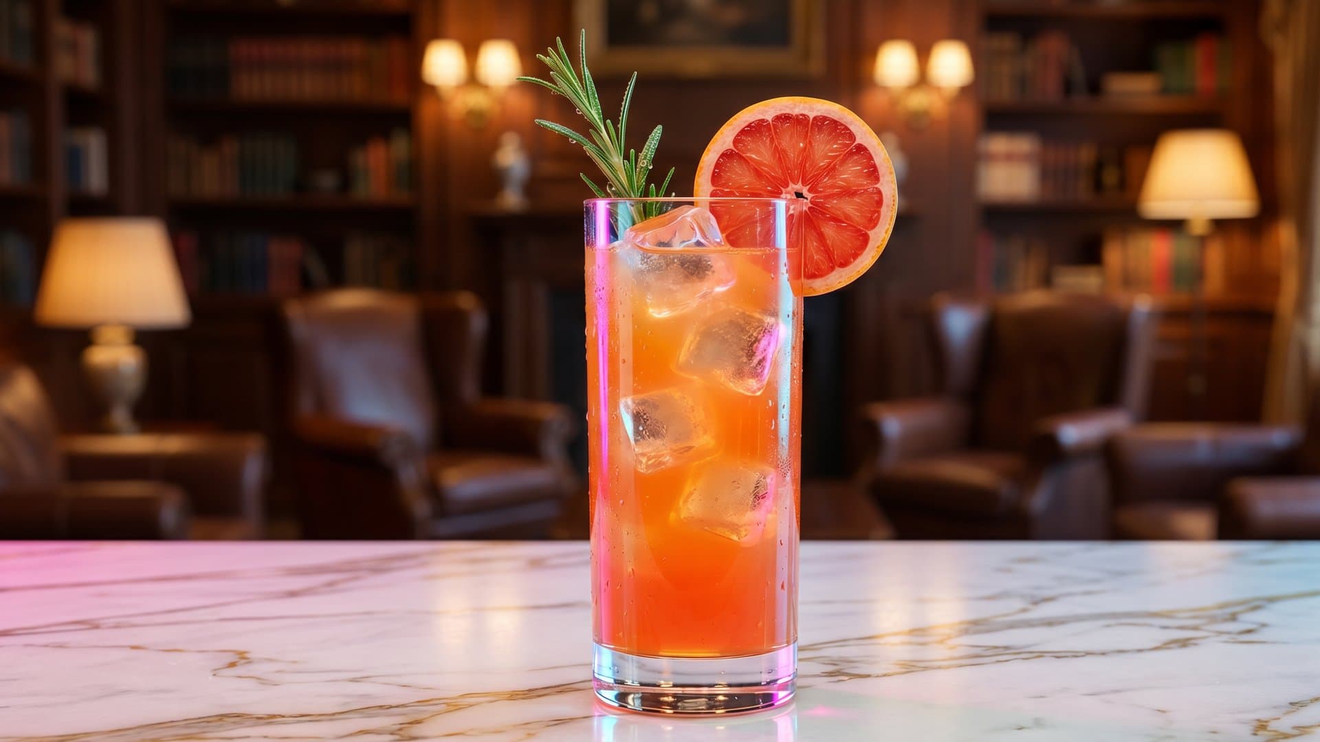 Sunset Fade cocktail in a highball garnished with Grapefruit wheel and rosemary sprig