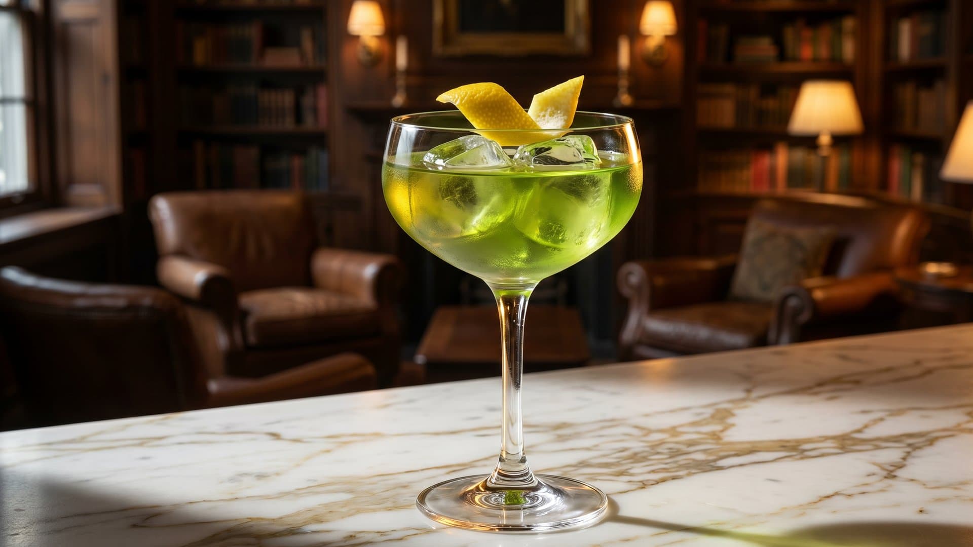 Emerald Sour cocktail in a coupe garnished with lemon peel