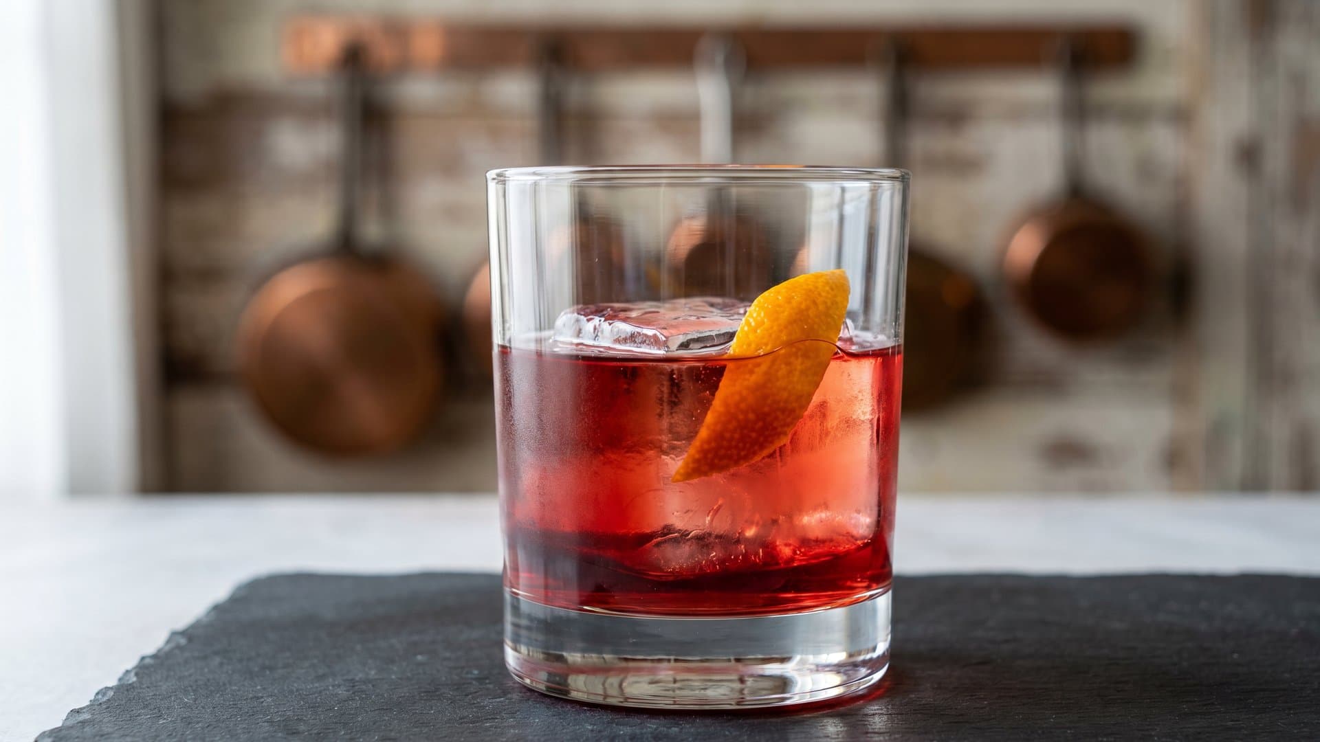 The Aperitivo Zero cocktail in a rocks garnished with Orange peel, expressed and dropped in