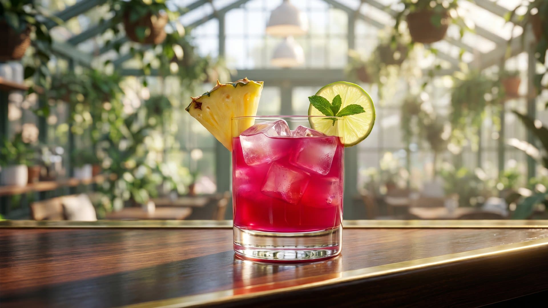 Tradewind Cooler cocktail in a rocks garnished with Pineapple wedge and lime wheel